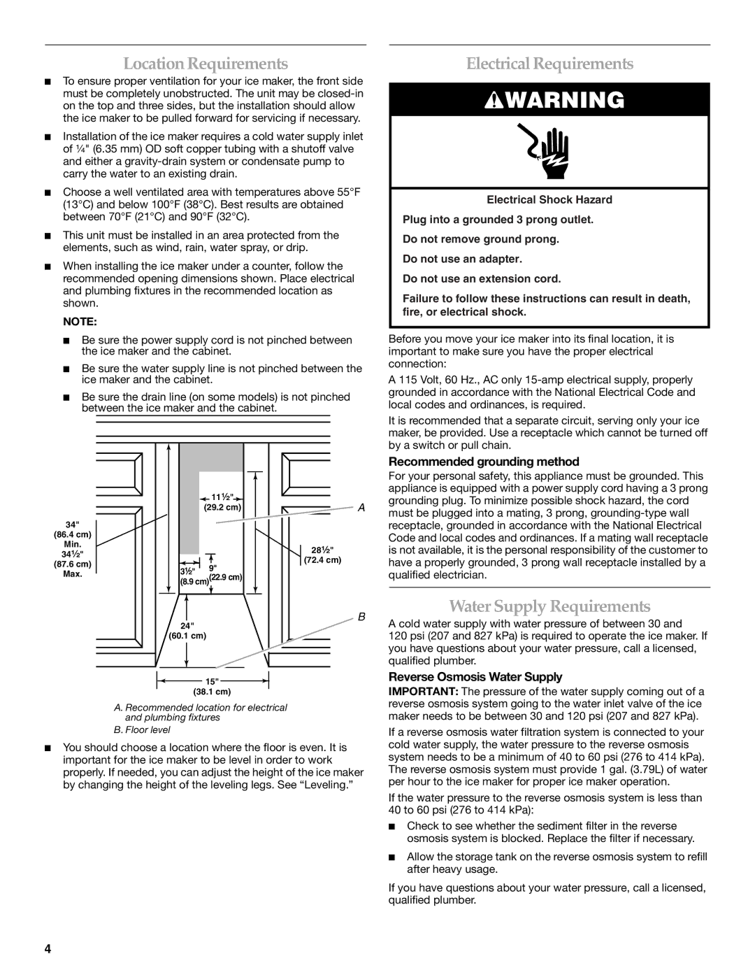 KitchenAid 2313684A manual Location Requirements, Electrical Requirements, Water Supply Requirements 