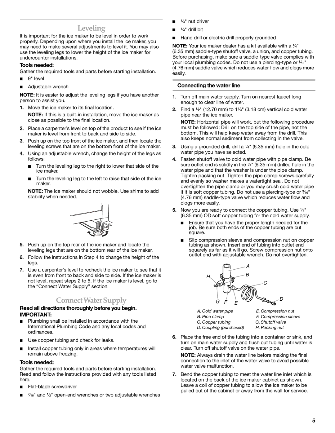 KitchenAid 2313684A manual Leveling, ConnectWater Supply, Tools needed, Connecting the water line 