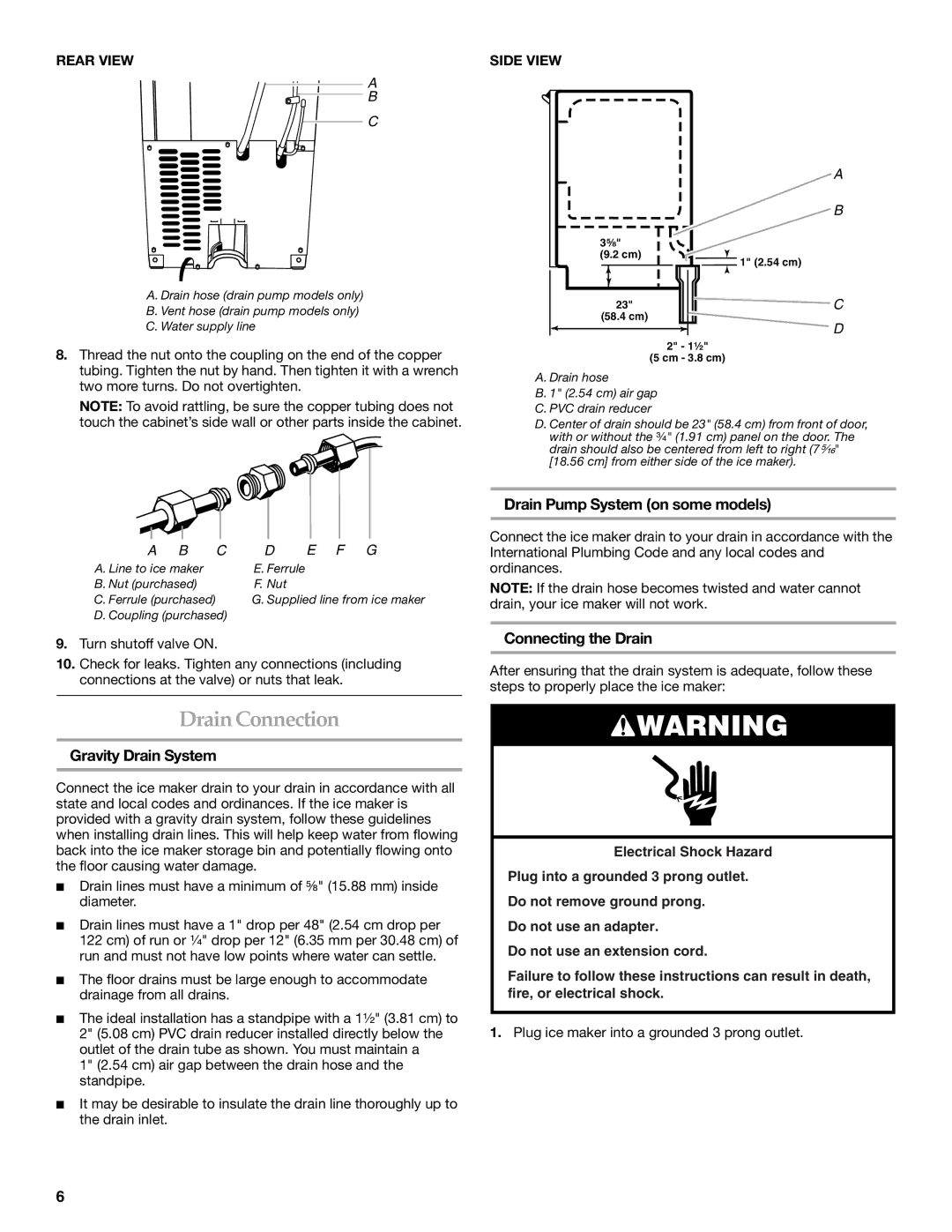 KitchenAid 2313684A manual Drain Connection, Drain Pump System on some models, Connecting the Drain, Gravity Drain System 