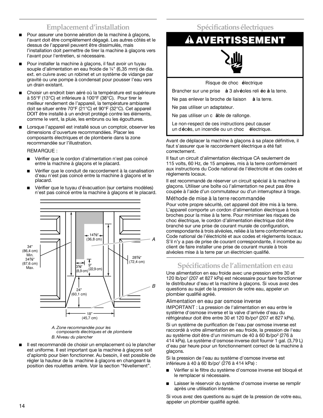 KitchenAid 2313715A manual Emplacement d’installation, Spécificationsélectriques, Spécifications de l’alimentation en eau 