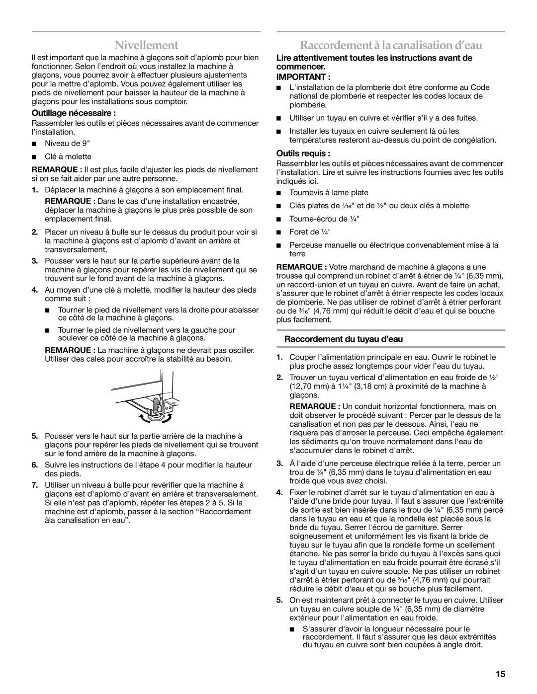 KitchenAid 2313715A manual Nivellement, Raccordement à lacanalisation d’eau, Outillage nécessaire, Outils requis 