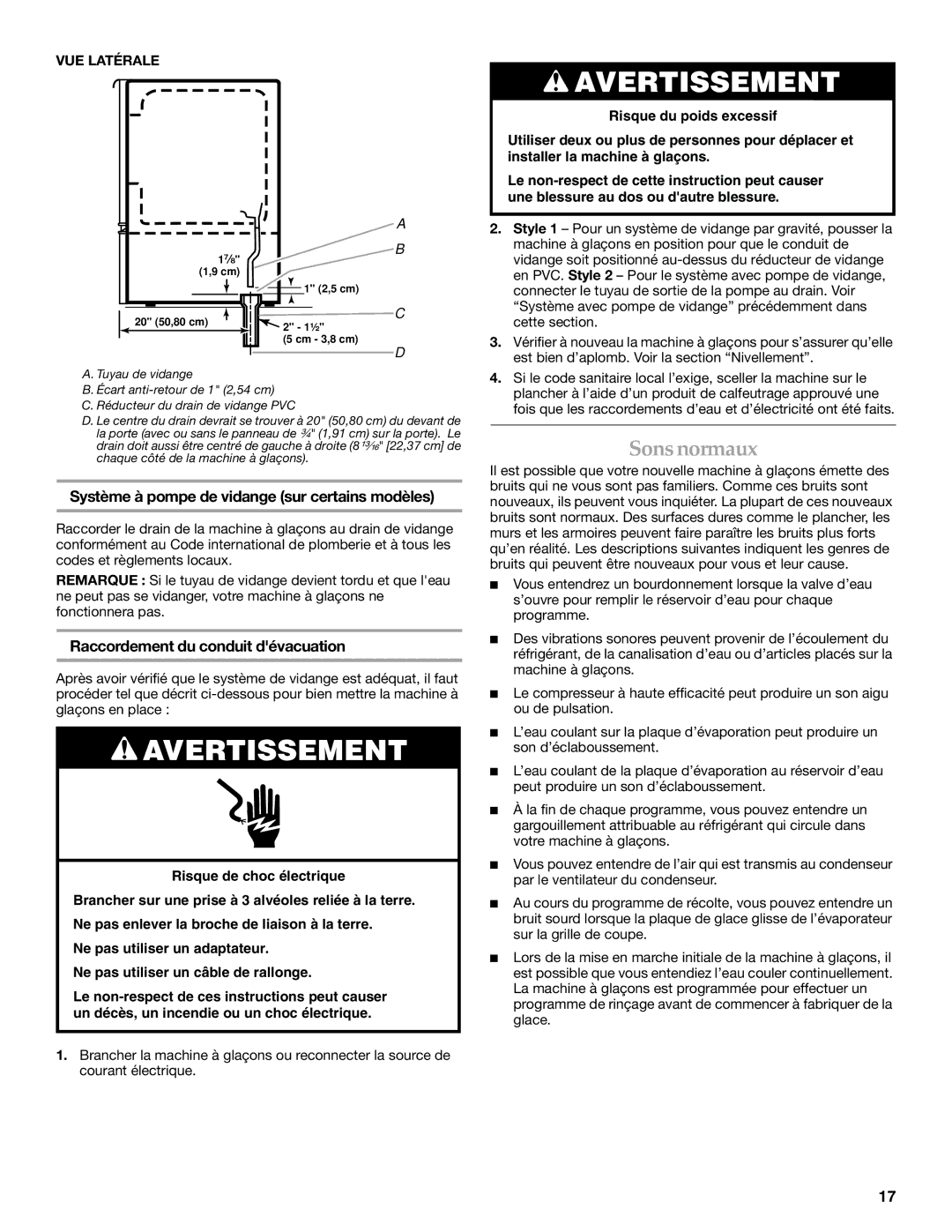 KitchenAid 2313715A Sons normaux, Système à pompe de vidange sur certains modèles, Raccordement du conduit dévacuation 