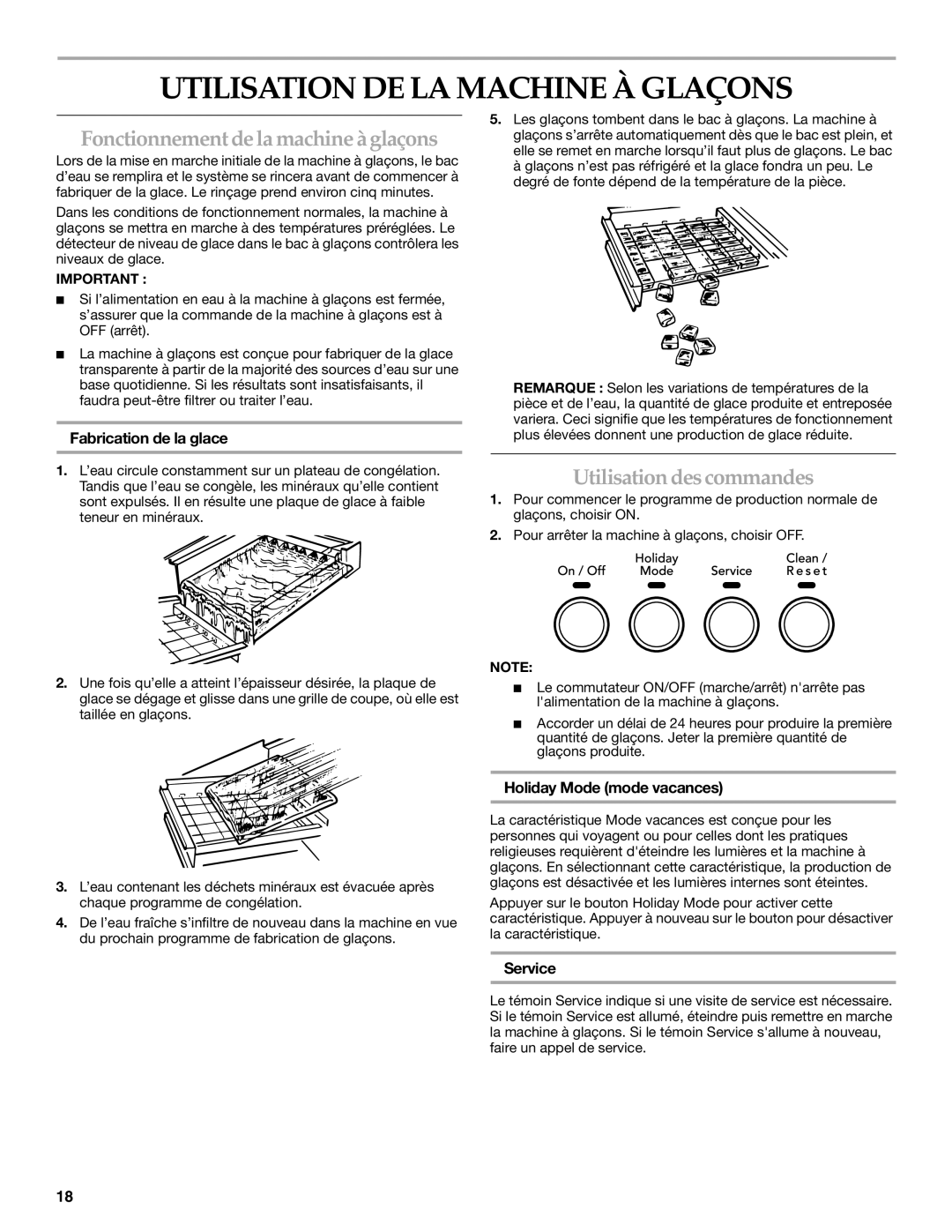 KitchenAid 2313715A Utilisation DE LA Machine À Glaçons, Fonctionnement dela machine à glaçons, Utilisation des commandes 