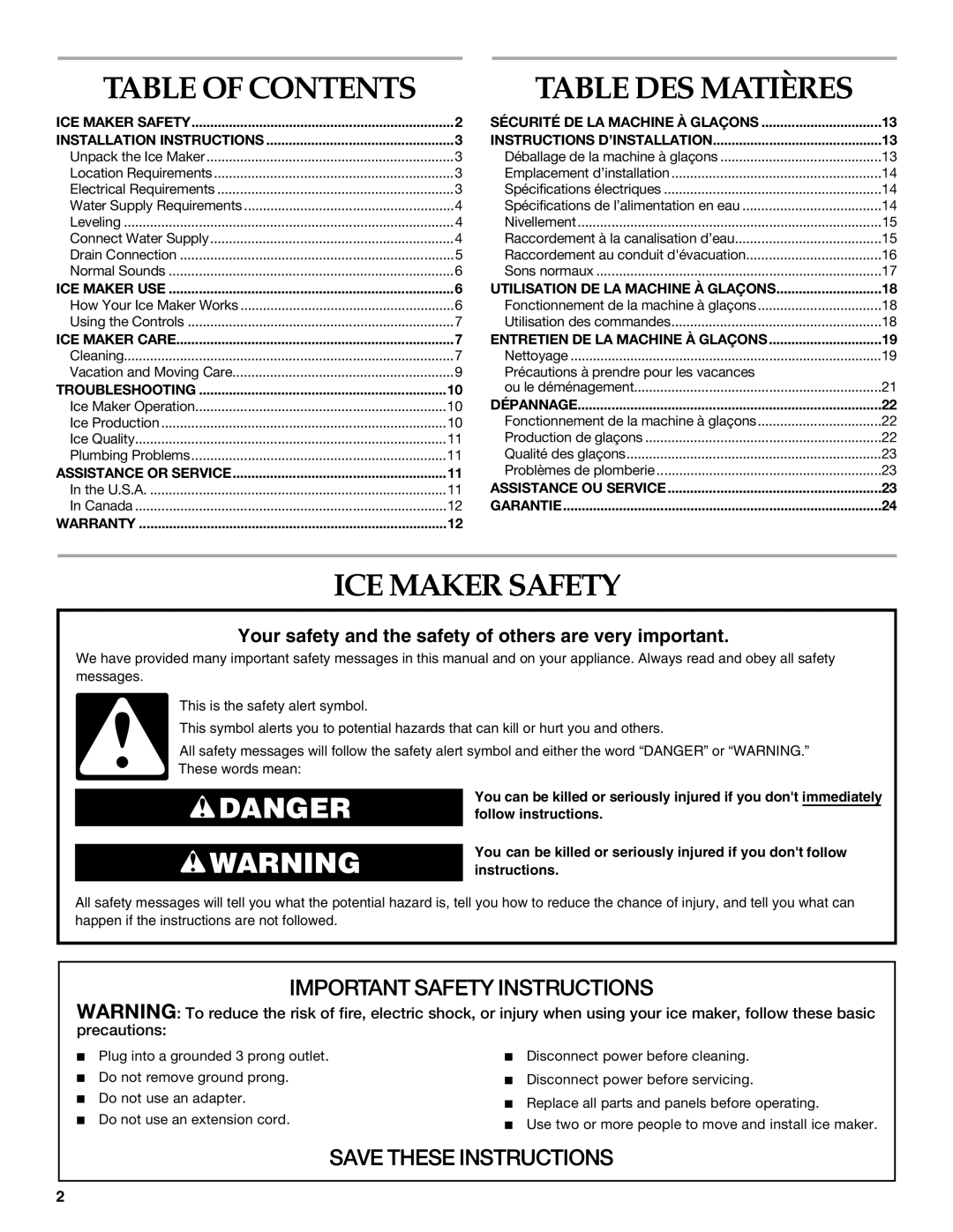 KitchenAid 2313715A manual ICE Maker Safety, Table of Contents 