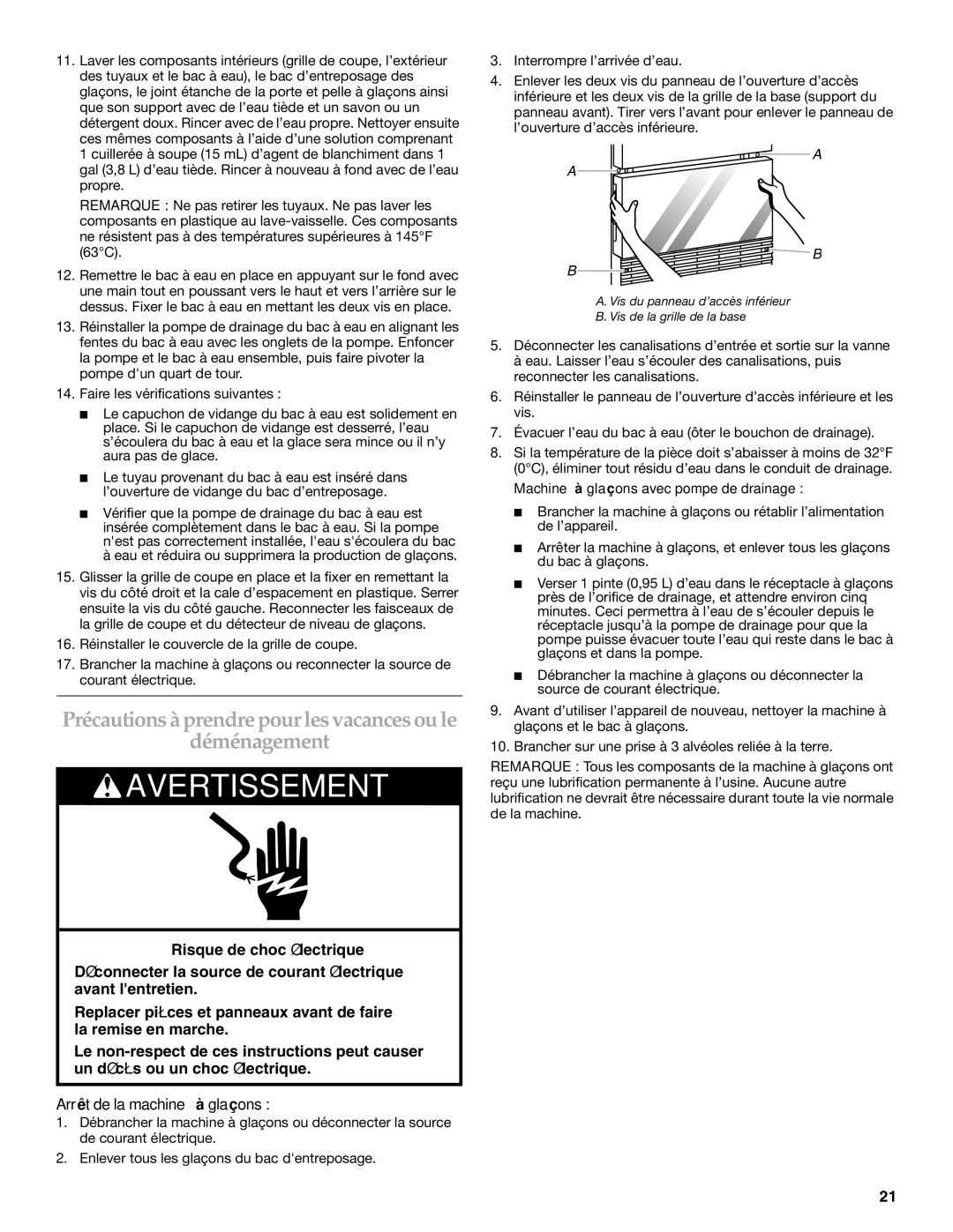 KitchenAid 2313715A manual Déménagement, Machine à glaçons avec pompe de drainage 