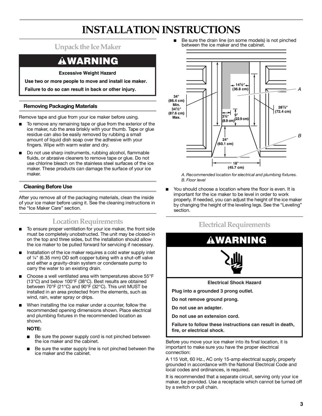 KitchenAid 2313715A manual Installation Instructions, Unpack the Ice Maker, Location Requirements, Electrical Requirements 