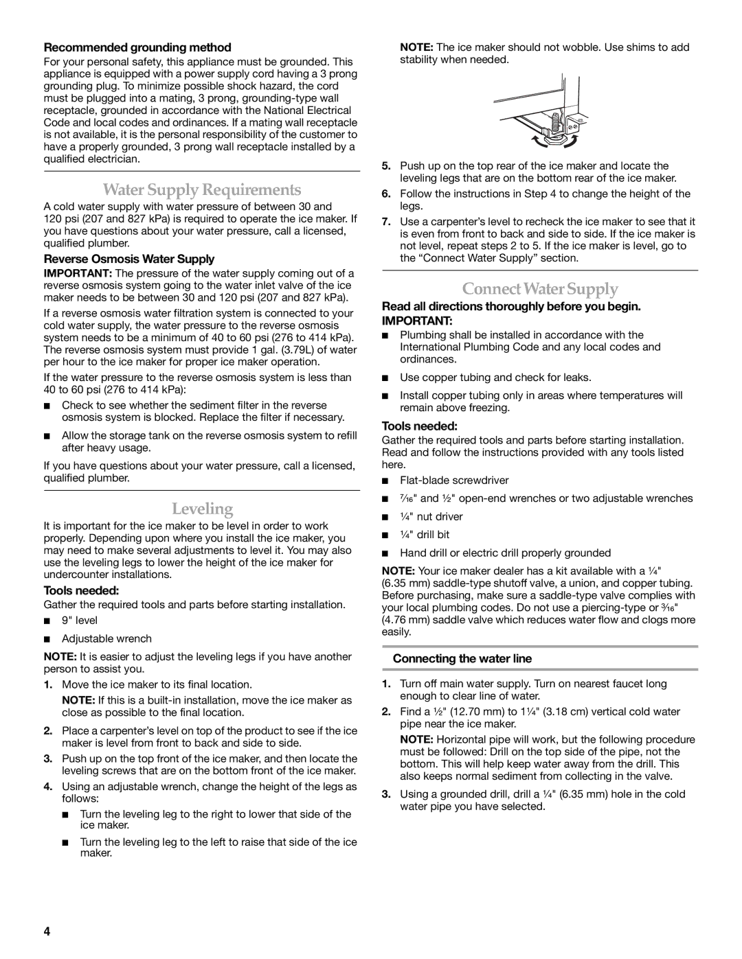 KitchenAid 2313715A manual Water Supply Requirements, Leveling, Connect Water Supply 