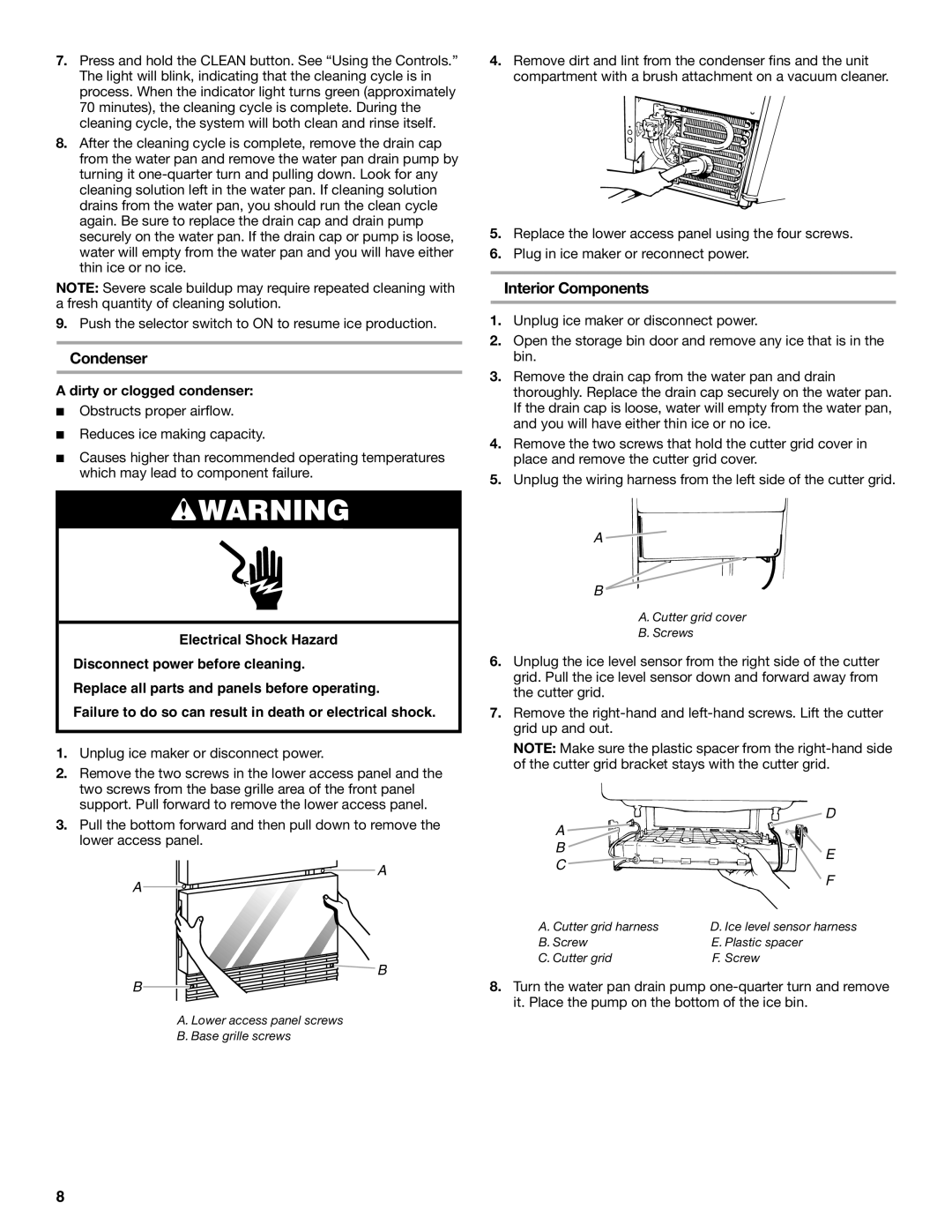 KitchenAid 2313715A manual Condenser, Interior Components, Dirty or clogged condenser 