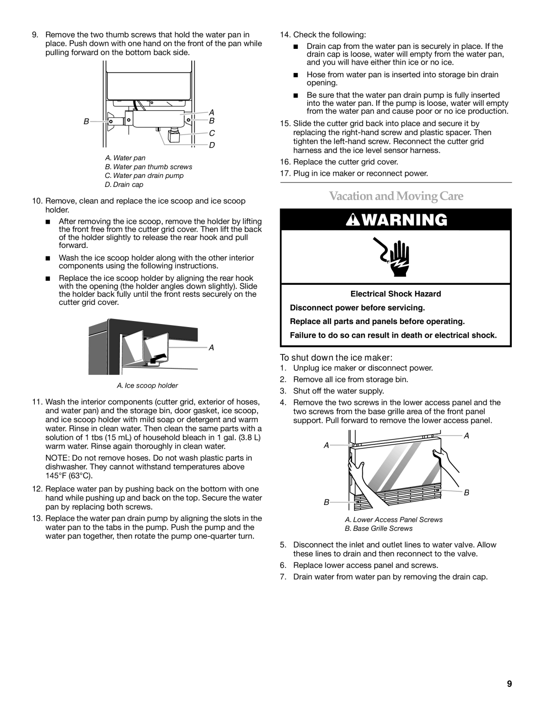 KitchenAid 2313715A manual Vacation and MovingCare, To shut down the ice maker 