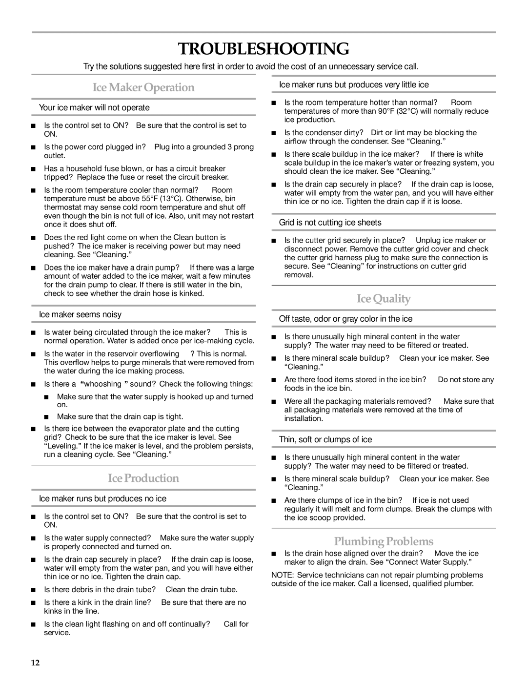 KitchenAid 2313787 manual Troubleshooting, Ice Maker Operation, Ice Quality, Ice Production, Plumbing Problems 