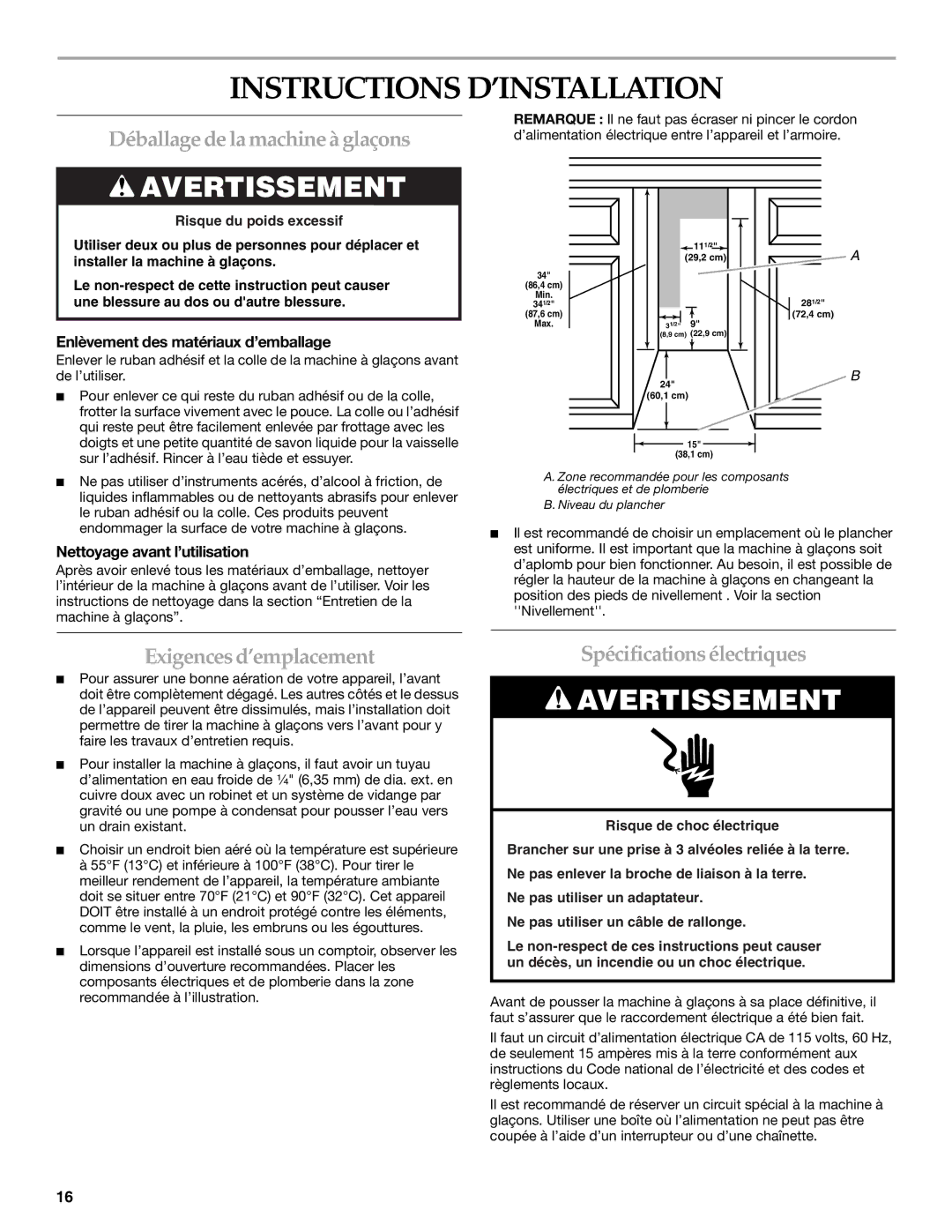 KitchenAid 2313787 manual Instructions D’INSTALLATION, Déballage de lamachineà glaçons, Exigences d’emplacement 