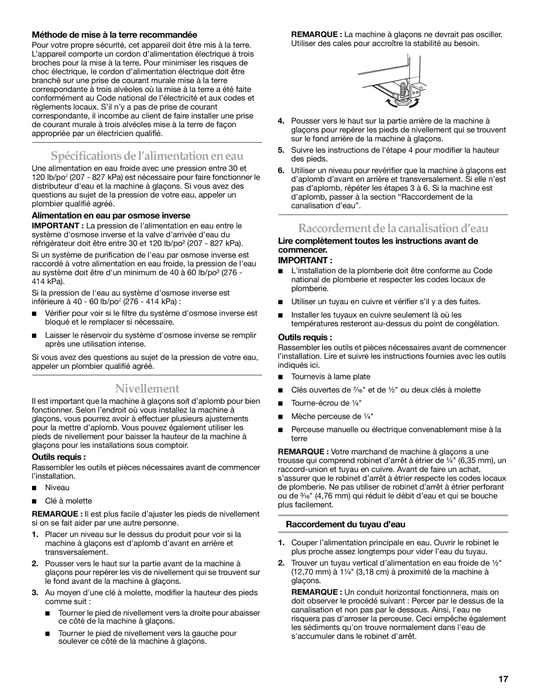 KitchenAid 2313787 manual Spécifications de l’alimentation en eau, Nivellement, Raccordementde la canalisation d’eau 