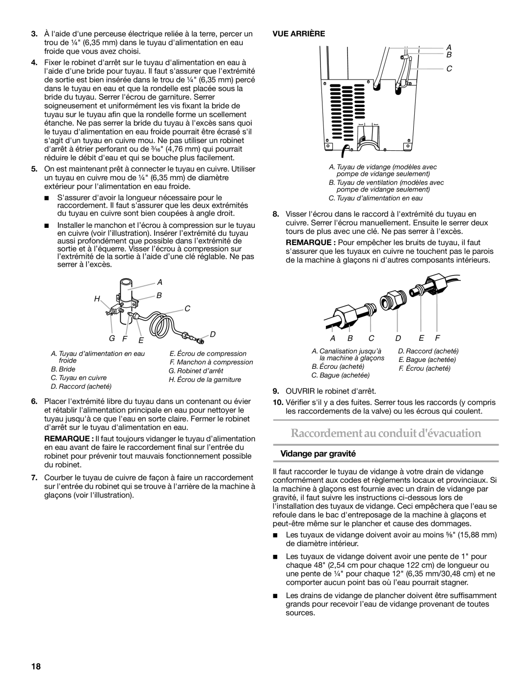 KitchenAid 2313787 manual Raccordementau conduit dévacuation, Vidange par gravité, VUE Arrière, Ouvrir le robinet darrêt 