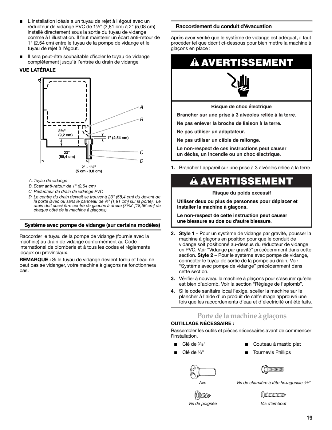 KitchenAid 2313787 manual Porte de la machine à glaçons, Système avec pompe de vidange sur certains modèles, VUE Latérale 