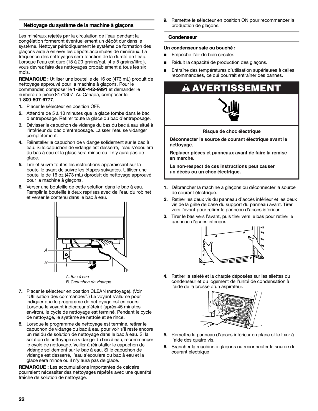 KitchenAid 2313787 manual Nettoyage du système de la machine à glaçons, Condenseur, Un condenseur sale ou bouché 