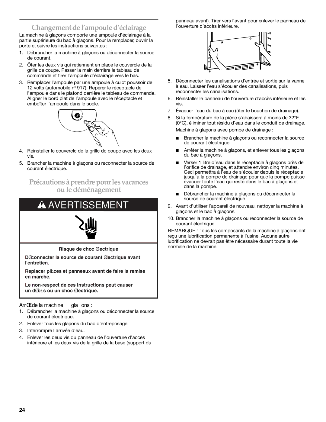 KitchenAid 2313787 manual Changementde l’ampoule d’éclairage, Précautions à prendre pour les vacances Ou le déménagement 