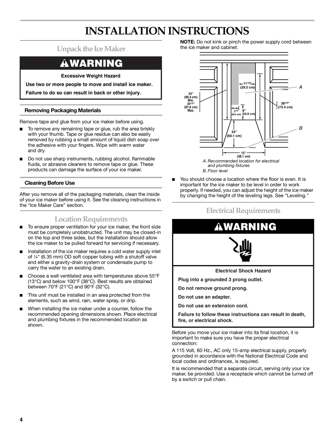 KitchenAid 2313787 manual Installation Instructions, Unpack the Ice Maker, Location Requirements, Electrical Requirements 