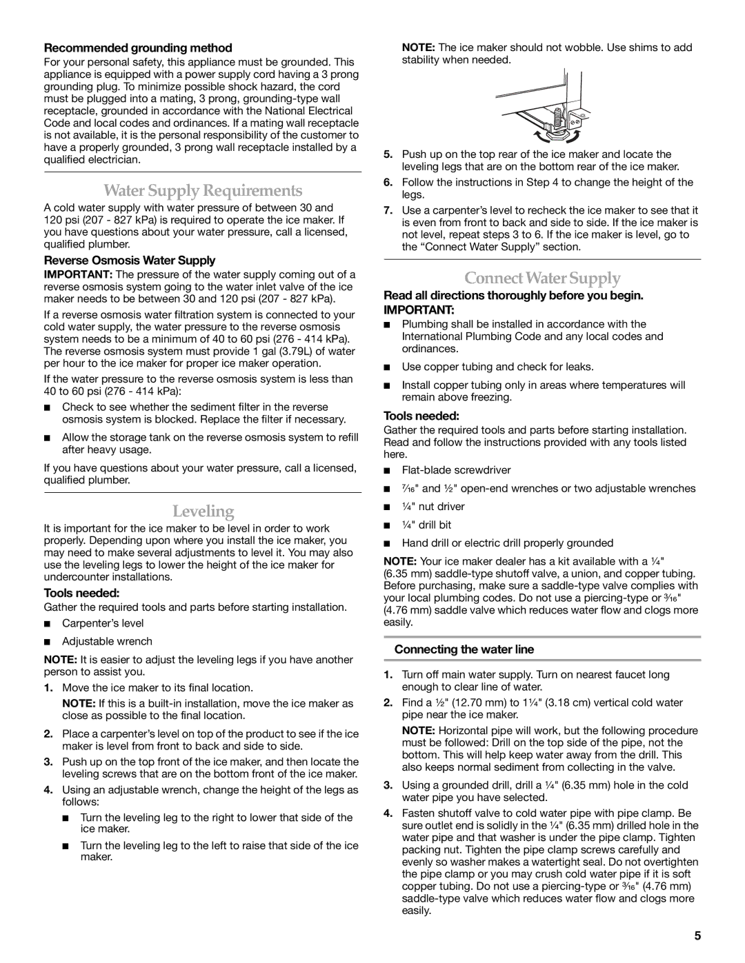 KitchenAid 2313787 manual Water Supply Requirements, Leveling, Connect Water Supply 