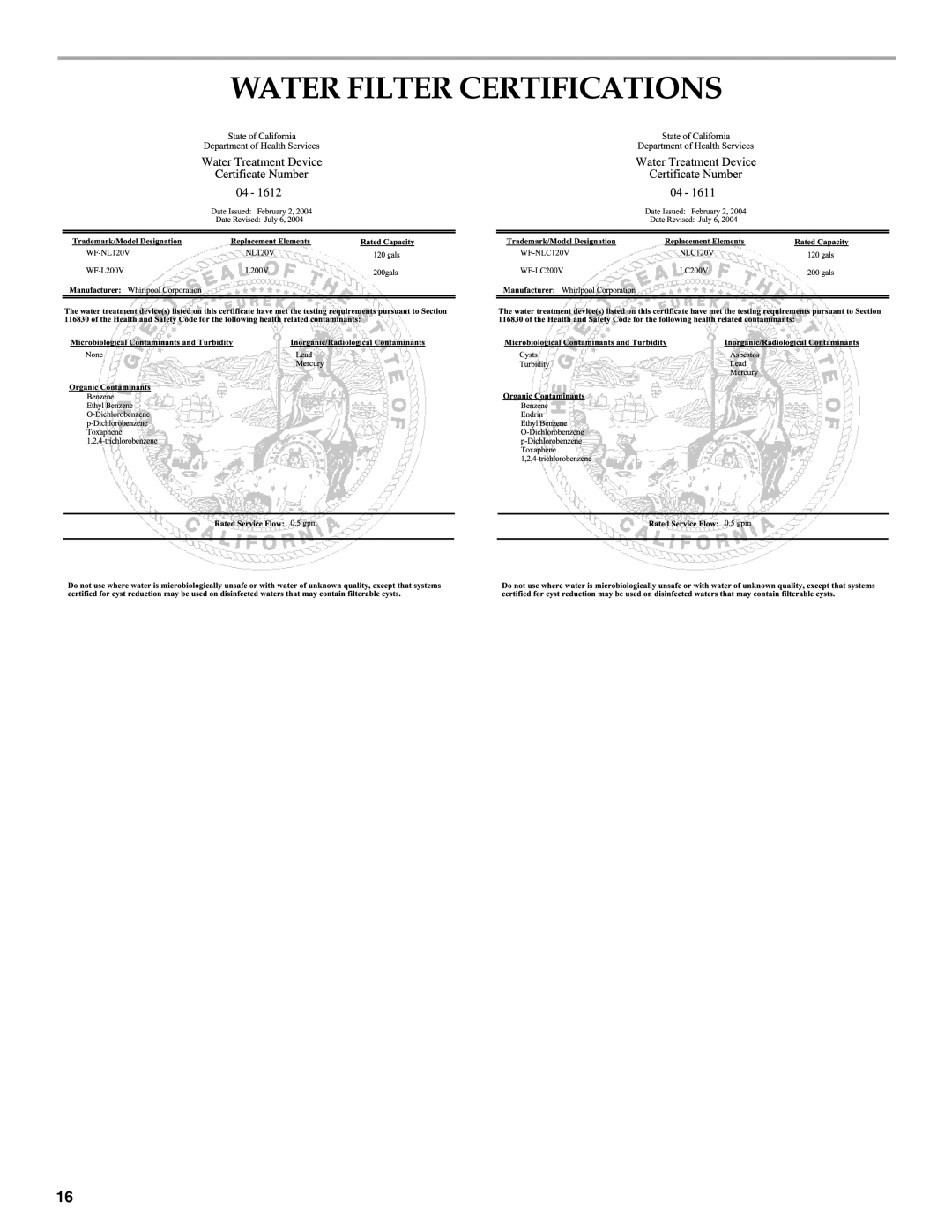 KitchenAid 2314464 warranty Water Filter Certifications 