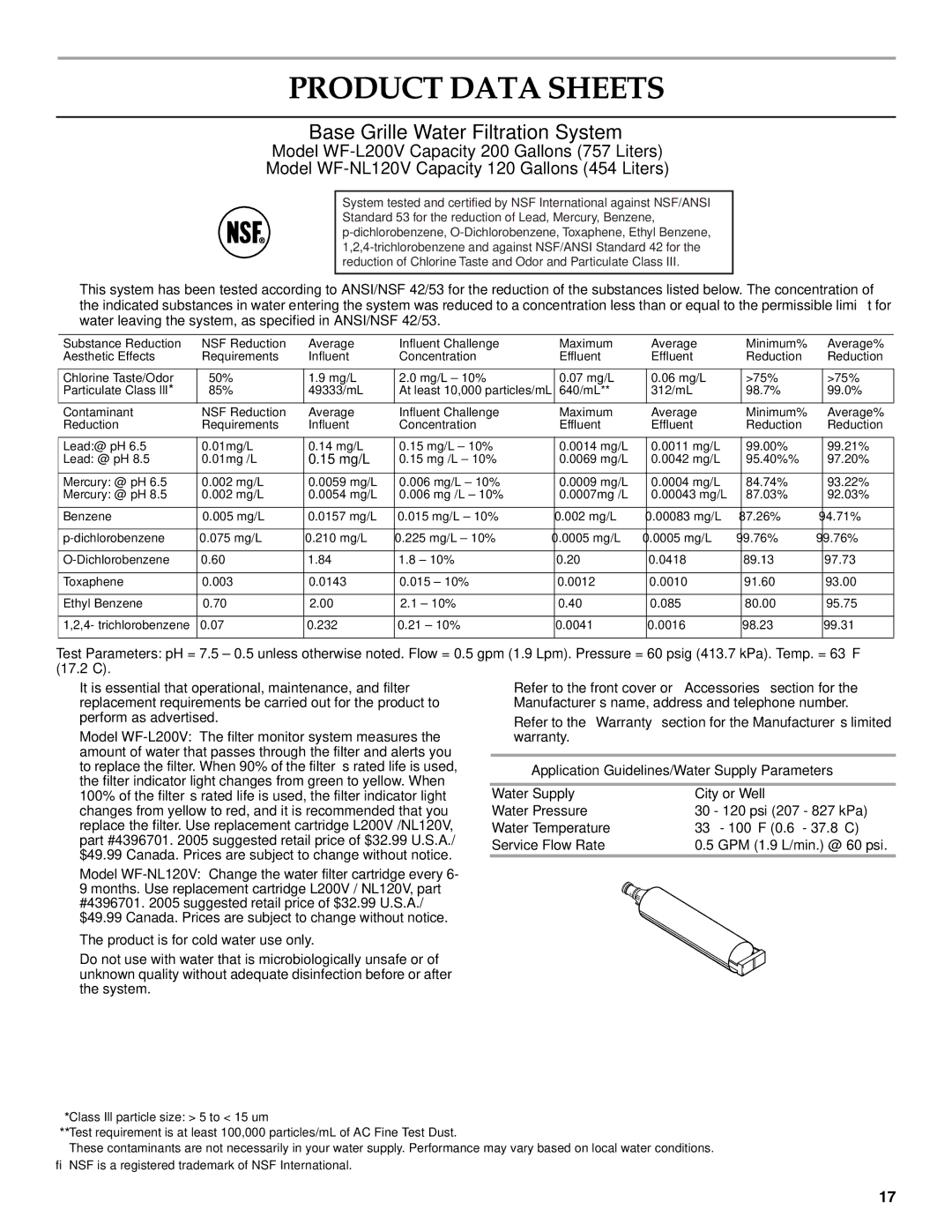 KitchenAid 2314464 warranty Product Data Sheets, 15 mg/L †, Application Guidelines/Water Supply Parameters 