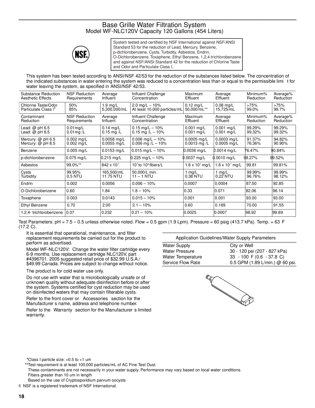 KitchenAid 2314464 warranty Model WF-NLC120V Capacity 120 Gallons 454 Liters 