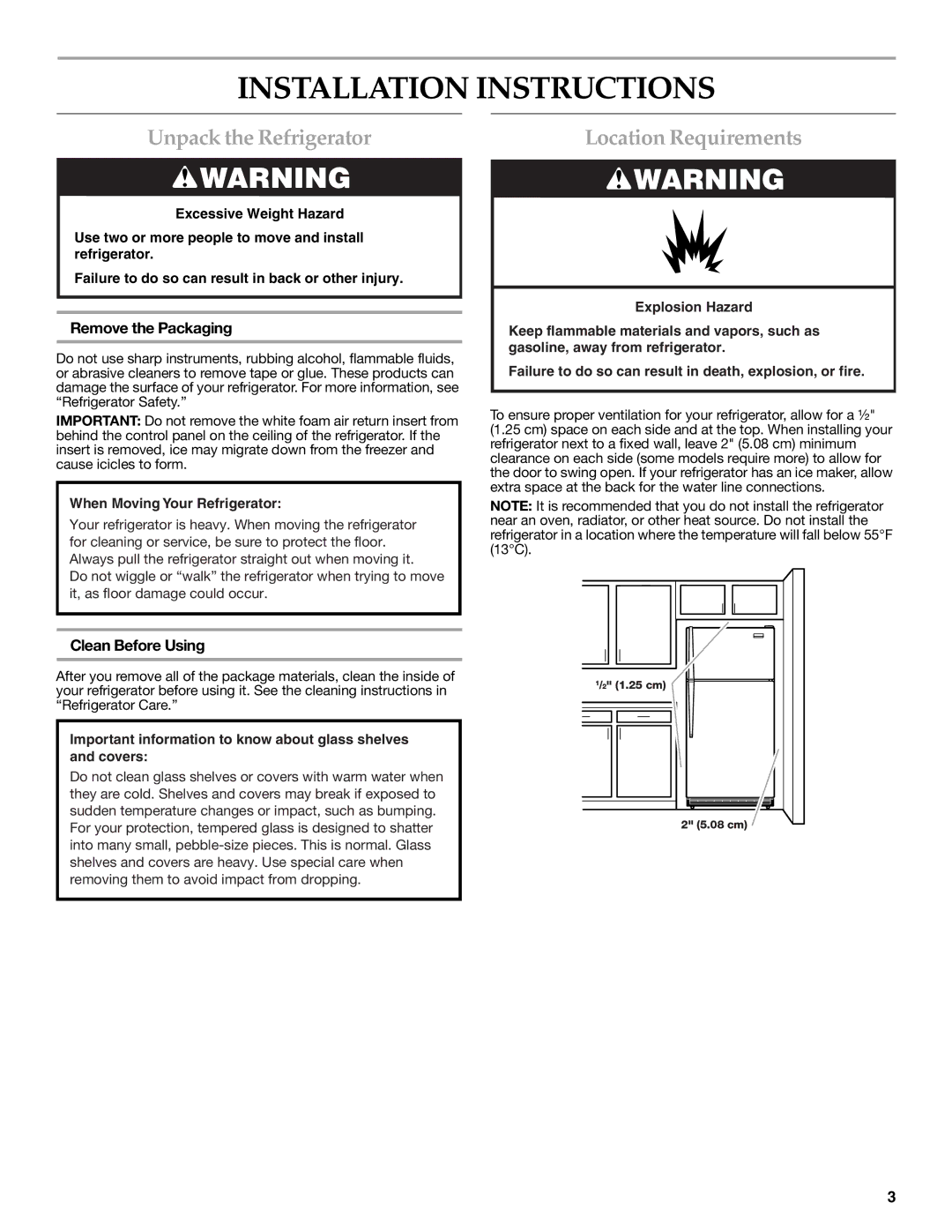 KitchenAid 2314464 warranty Installation Instructions, Unpack the Refrigerator, Location Requirements, Remove the Packaging 