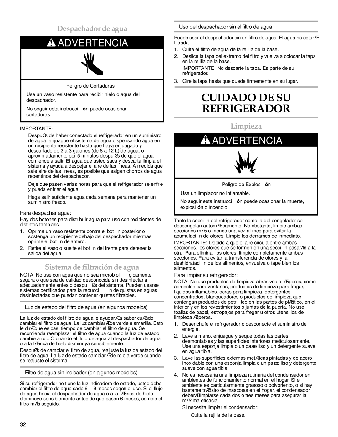 KitchenAid 2314464 warranty Cuidado DE SU Refrigerador, Despachador de agua, Sistema de filtración de agua, Limpieza 