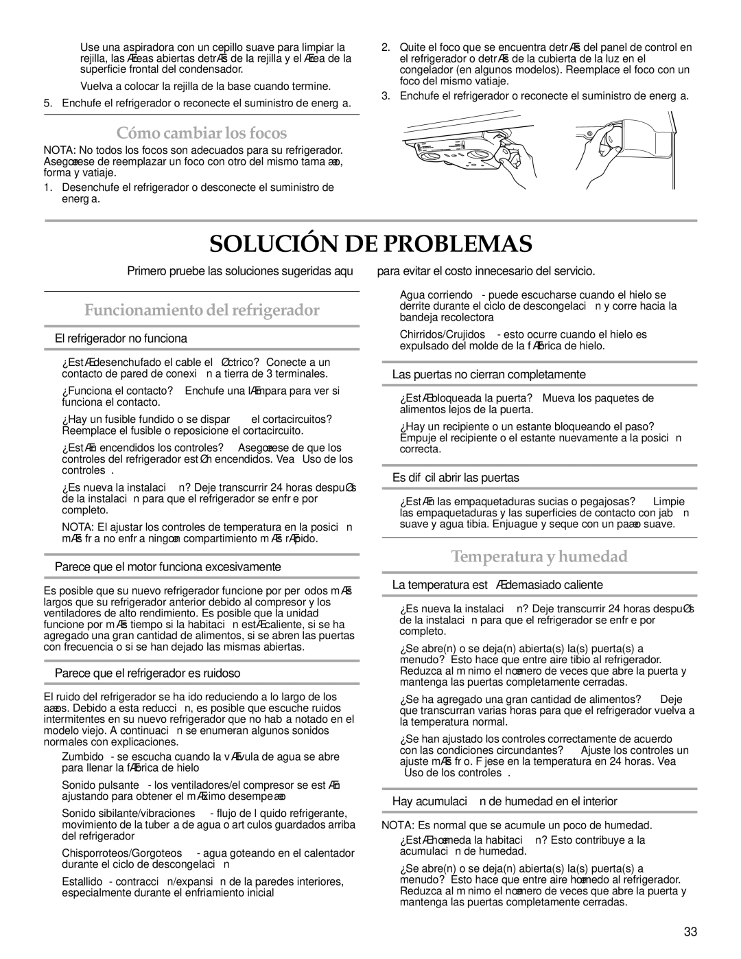 KitchenAid 2314464 Solución DE Problemas, Cómo cambiar los focos, Funcionamiento del refrigerador, Temperatura y humedad 