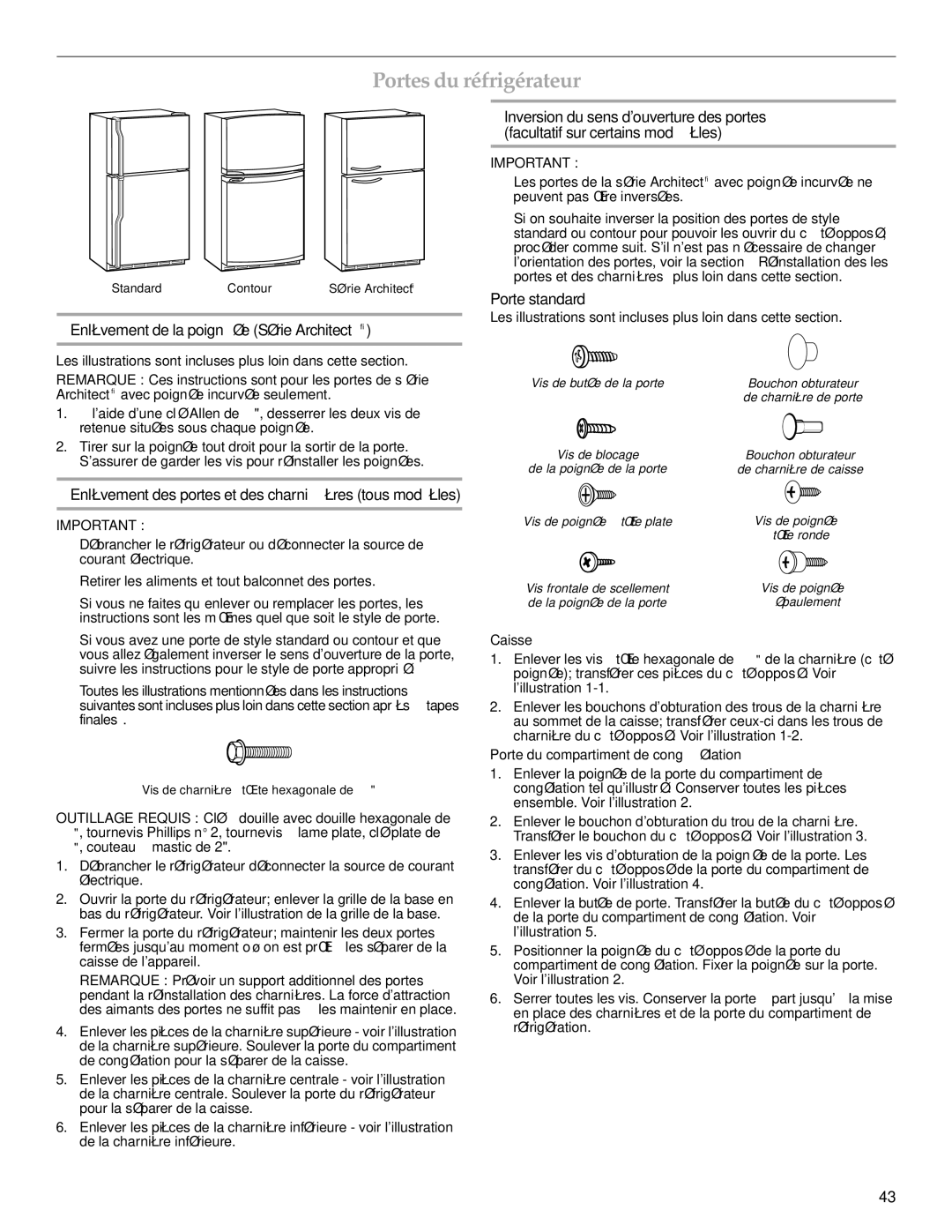 KitchenAid 2314464 warranty Portes du réfrigérateur, Enlèvement de la poignée Série Architect, Porte standard 