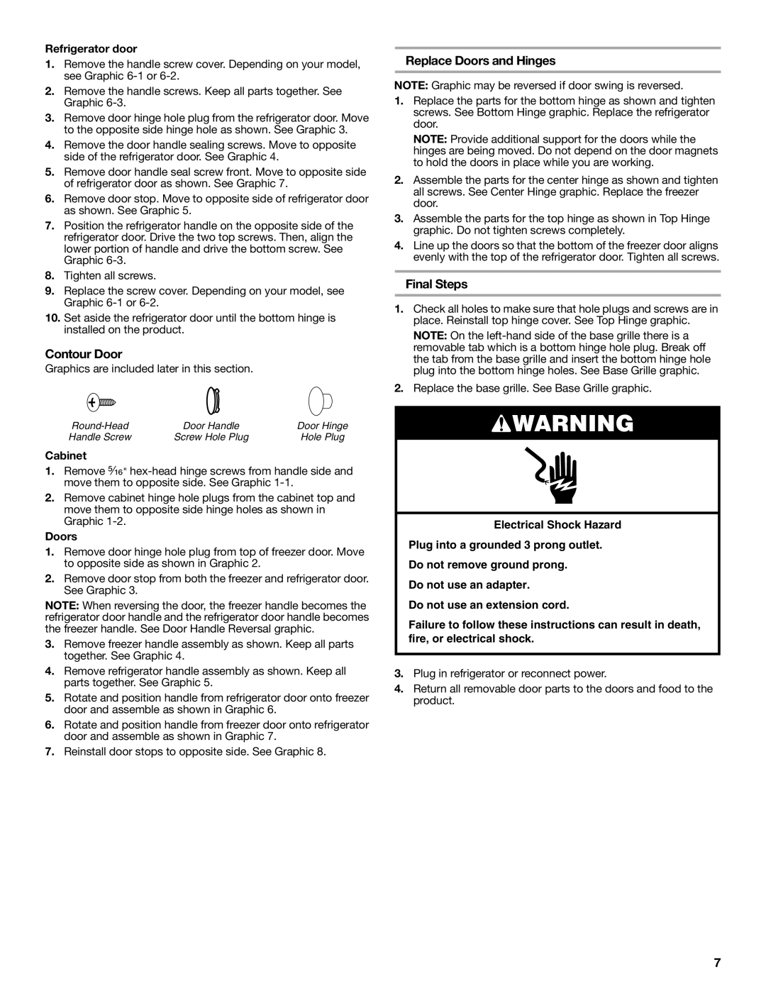 KitchenAid 2314464 warranty Contour Door, Replace Doors and Hinges, Final Steps, Refrigerator door 