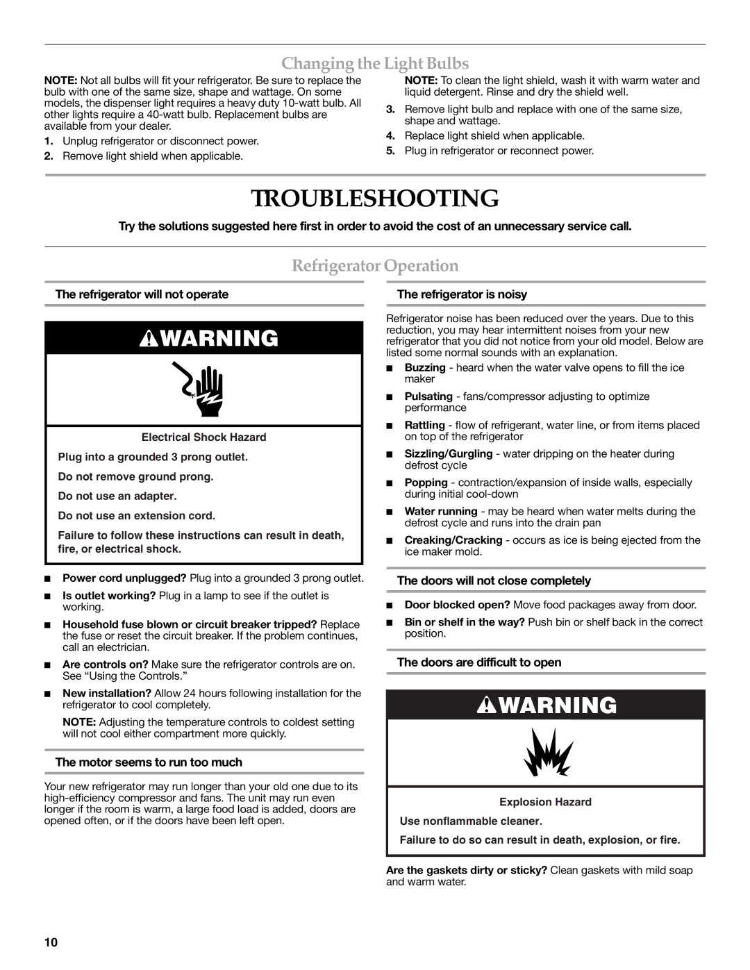 KitchenAid 2315184A warranty Troubleshooting, Changing the Light Bulbs, Refrigerator Operation 