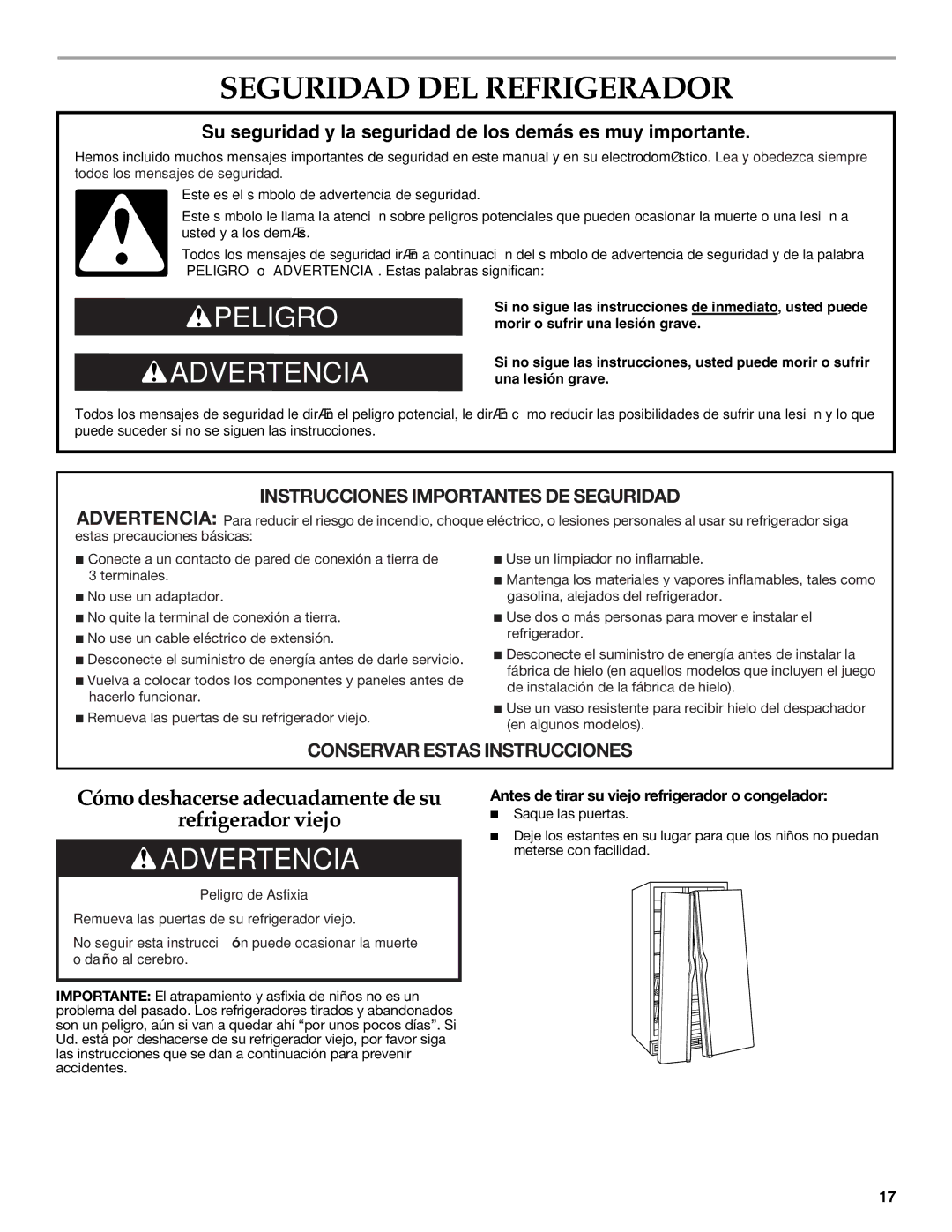 KitchenAid 2315184A warranty Seguridad DEL Refrigerador, Antes de tirar su viejo refrigerador o congelador 