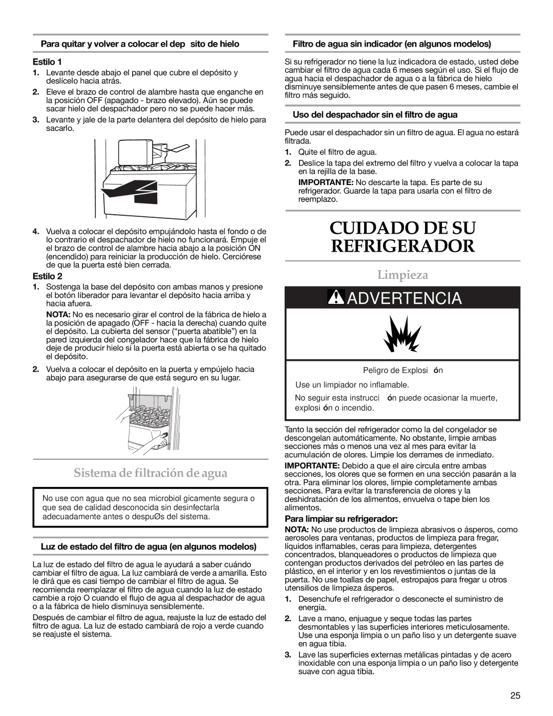 KitchenAid 2315184A warranty Cuidado DE SU Refrigerador, Sistema de filtración de agua, Limpieza 