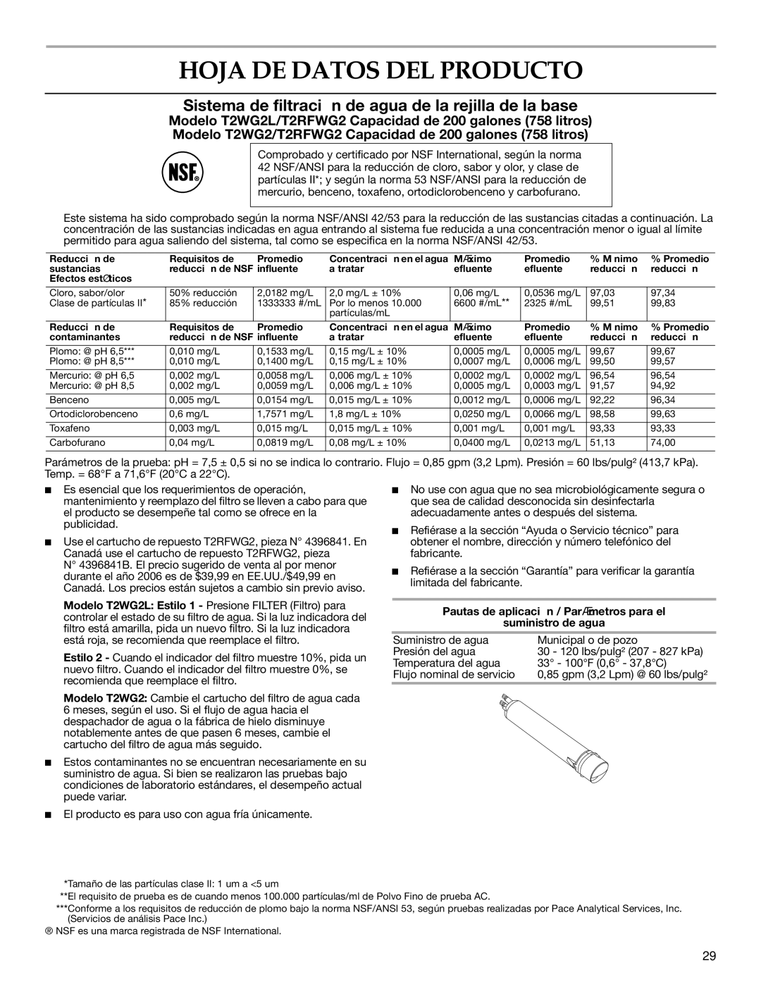 KitchenAid 2315184A warranty Hoja DE Datos DEL Producto, Pautas de aplicación / Parámetros para el Suministro de agua 