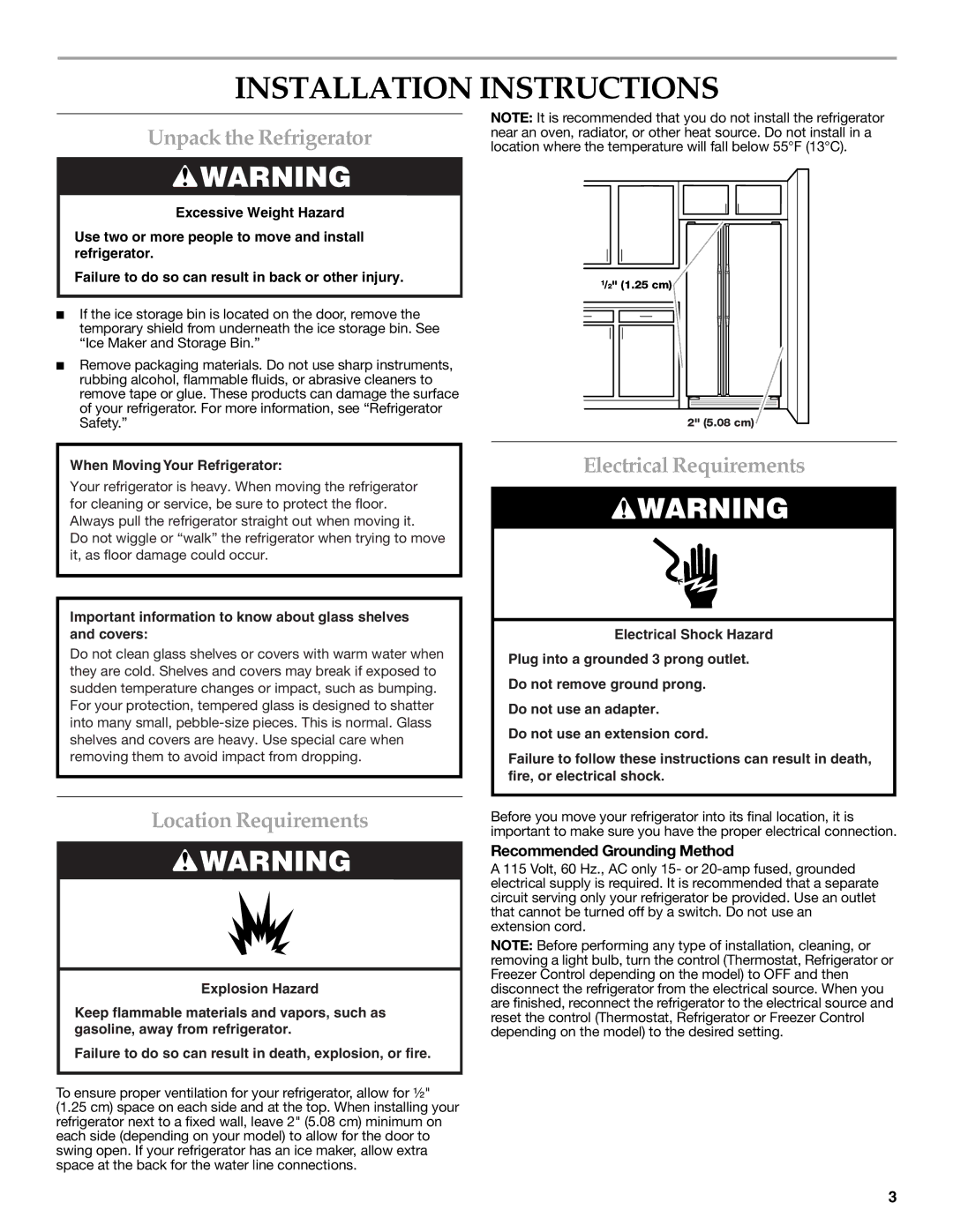 KitchenAid 2315184A Installation Instructions, Unpack the Refrigerator, Location Requirements, Electrical Requirements 