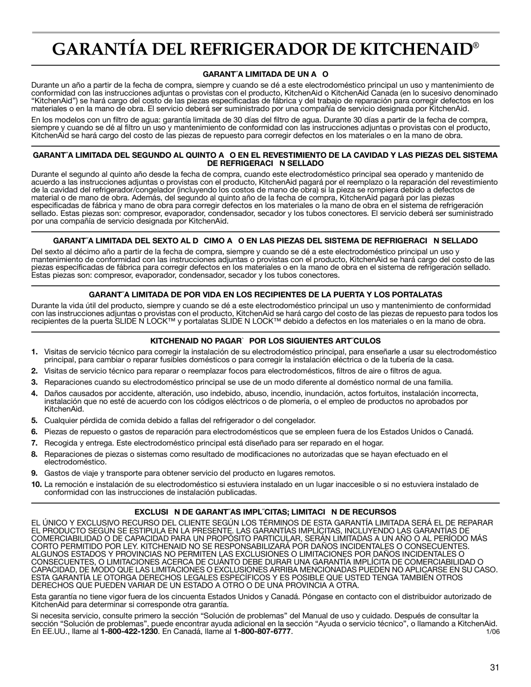 KitchenAid 2315184A warranty Garantía DEL Refrigerador DE Kitchenaid, Garantía Limitada DE UN AÑO 