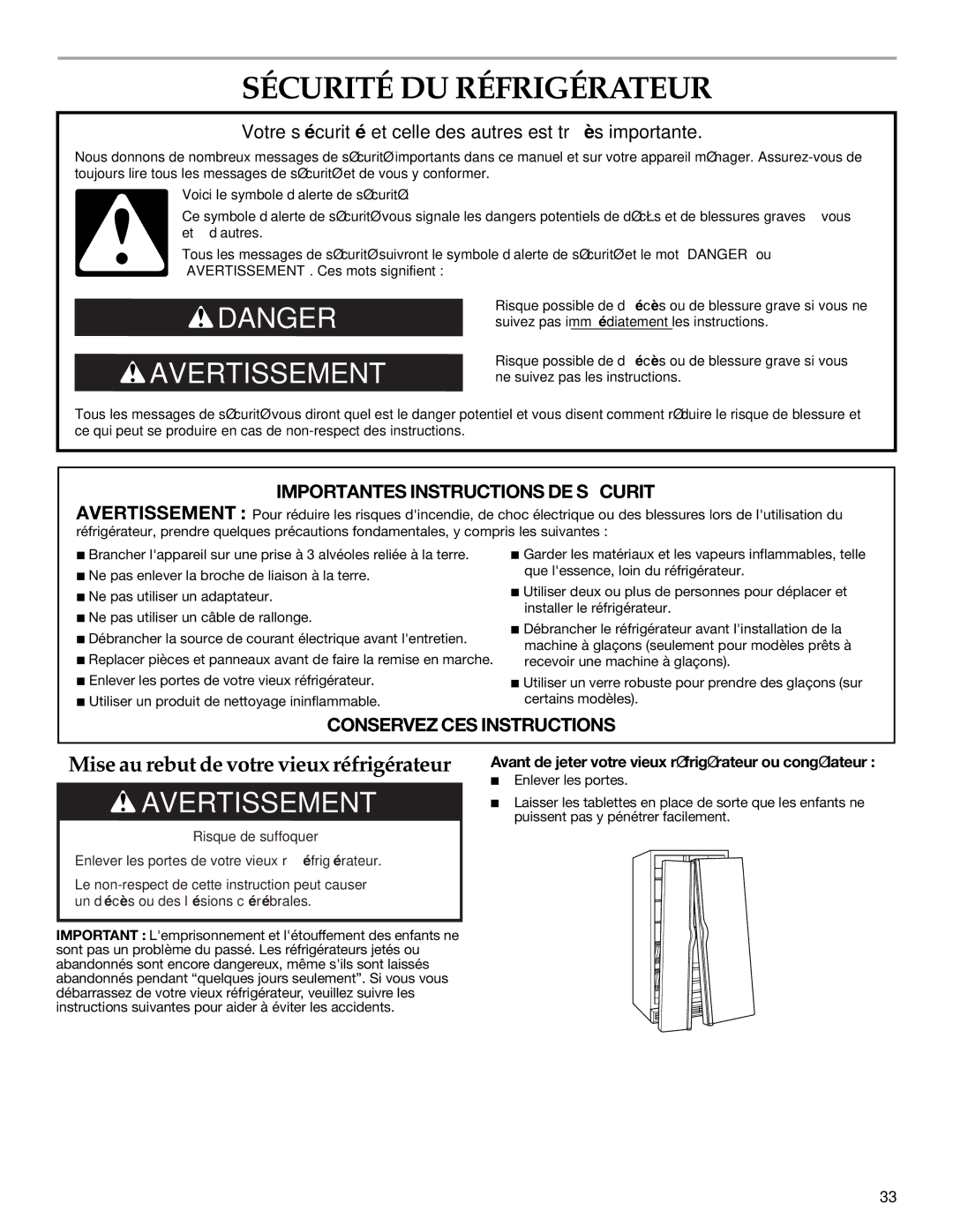 KitchenAid 2315184A warranty Sécurité DU Réfrigérateur, Avant de jeter votre vieux réfrigérateur ou congélateur 