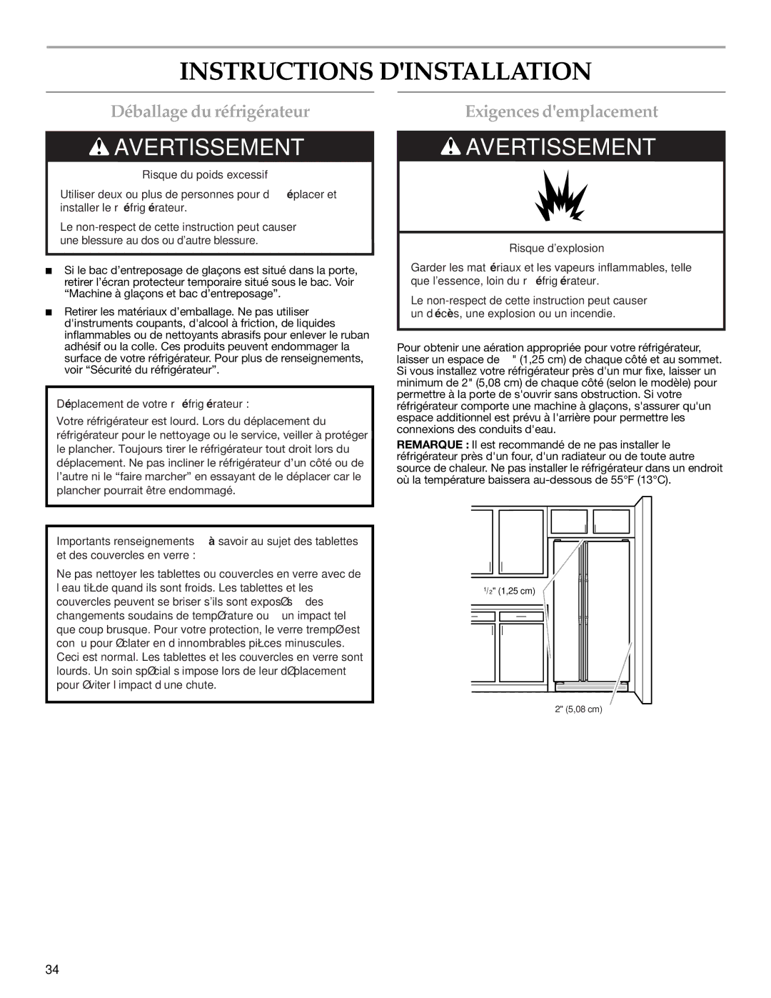 KitchenAid 2315184A warranty Instructions Dinstallation, Déballage du réfrigérateur, Exigences demplacement 