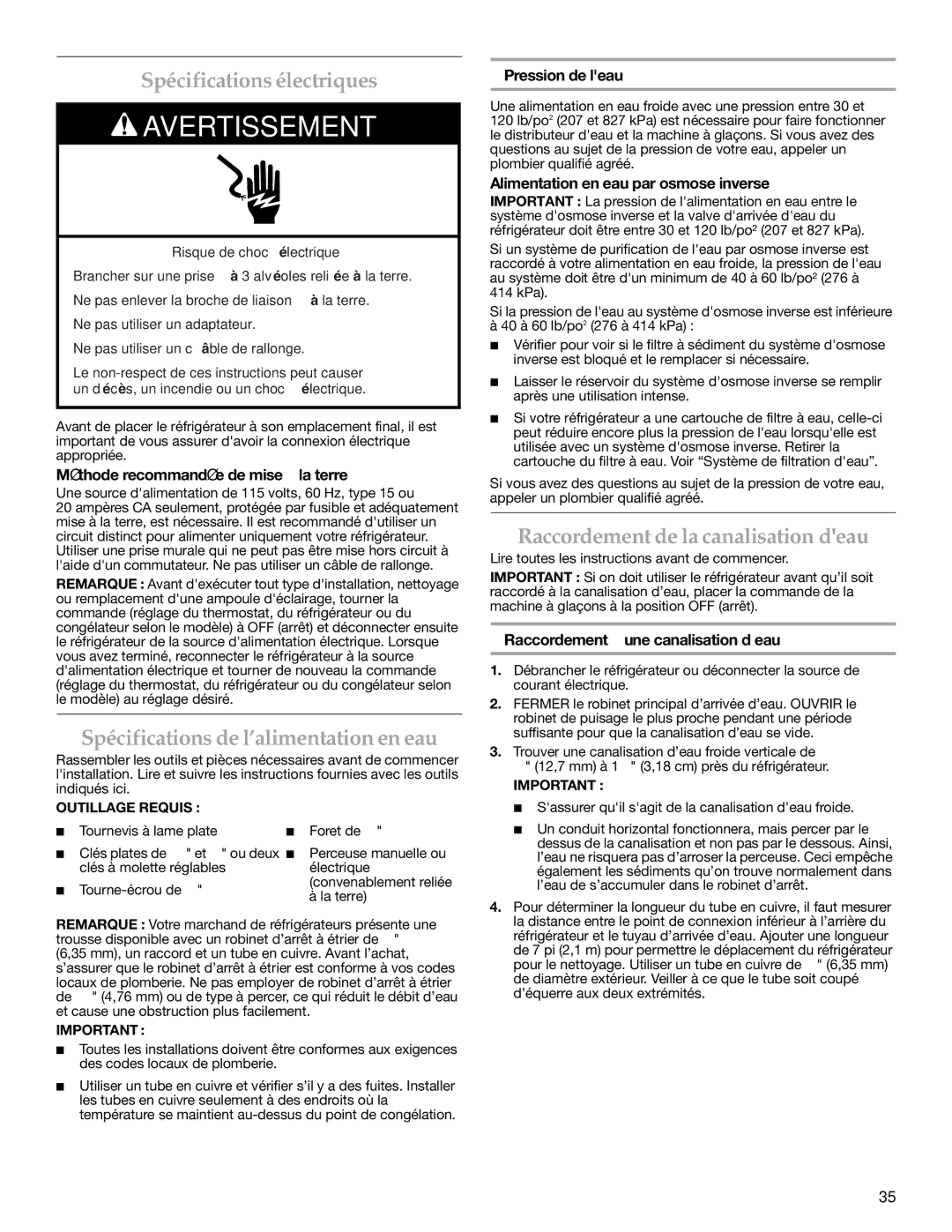 KitchenAid 2315184A warranty Spécifications électriques, Spécifications de l’alimentation en eau 