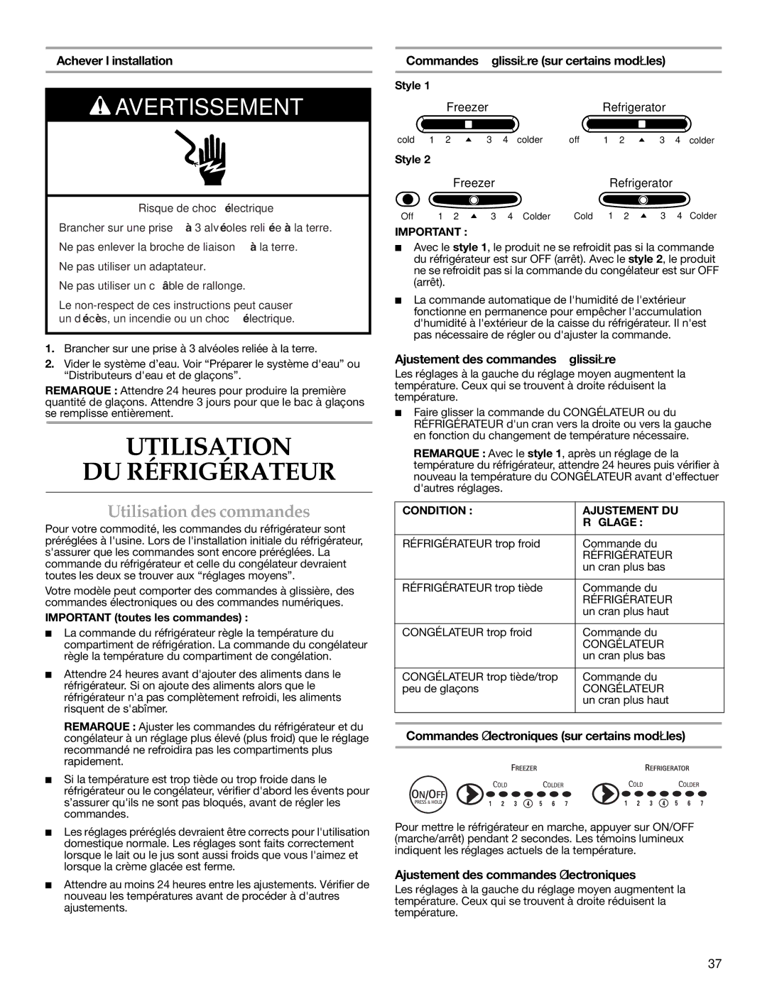 KitchenAid 2315184A warranty Utilisation DU Réfrigérateur, Utilisation des commandes 