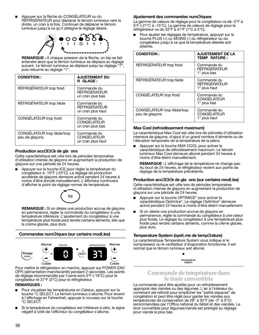 KitchenAid 2315184A warranty Commande de température dans Le tiroir convertible 