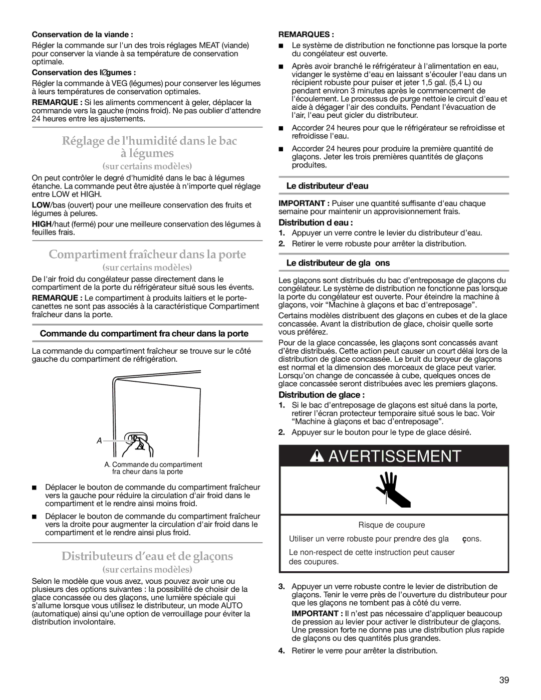 KitchenAid 2315184A warranty Réglage de lhumidité dans le bac à légumes, Compartiment fraîcheur dans la porte 