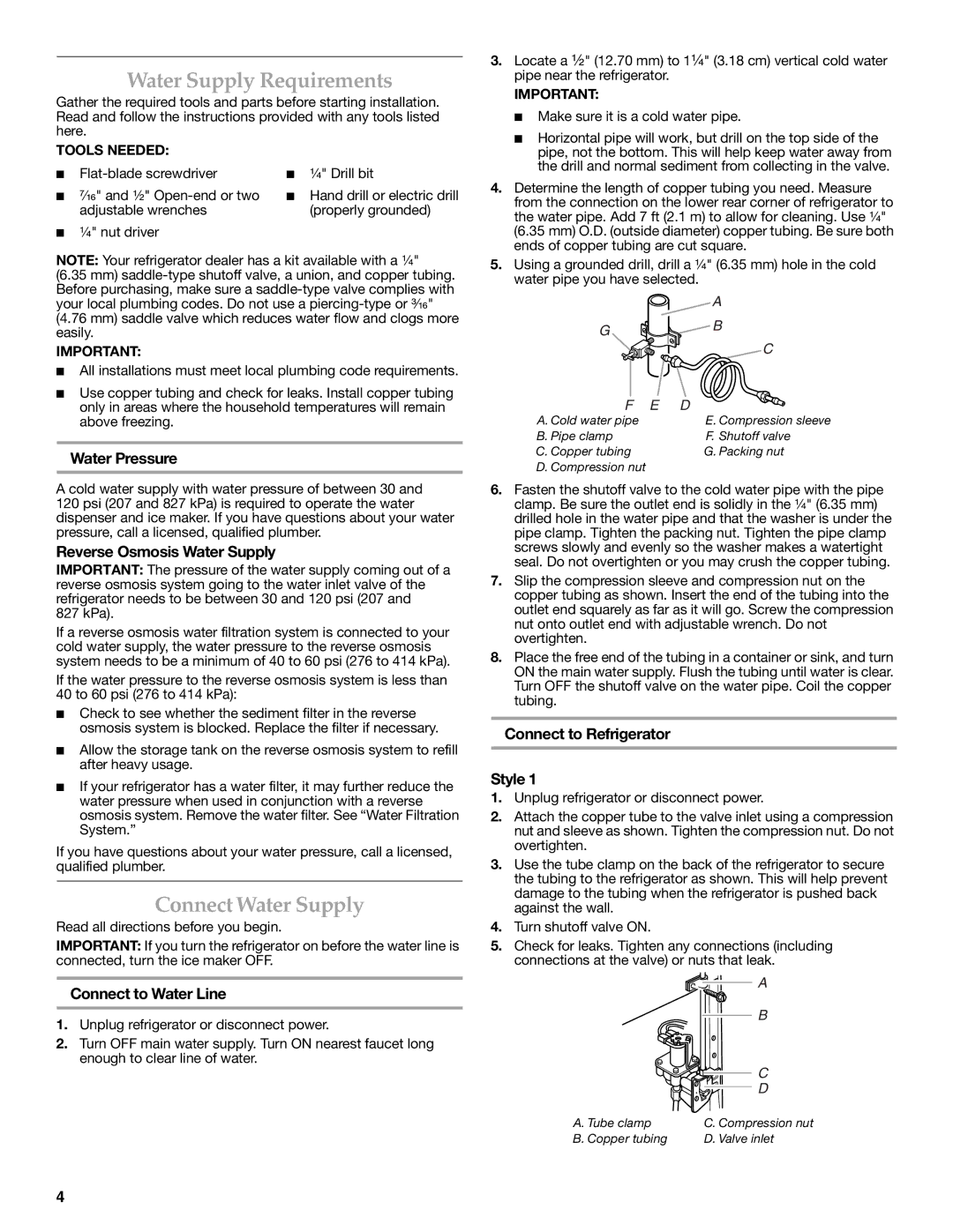 KitchenAid 2315184A warranty Water Supply Requirements, Connect Water Supply 