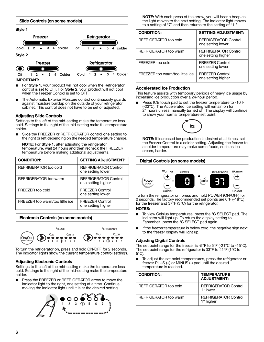 KitchenAid 2315184A warranty Slide Controls on some models, Adjusting Slide Controls, Electronic Controls on some models 