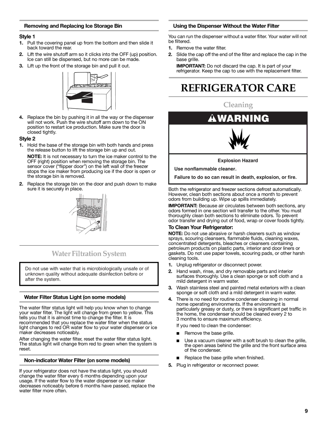 KitchenAid 2315184A warranty Refrigerator Care, Water Filtration System, Cleaning 