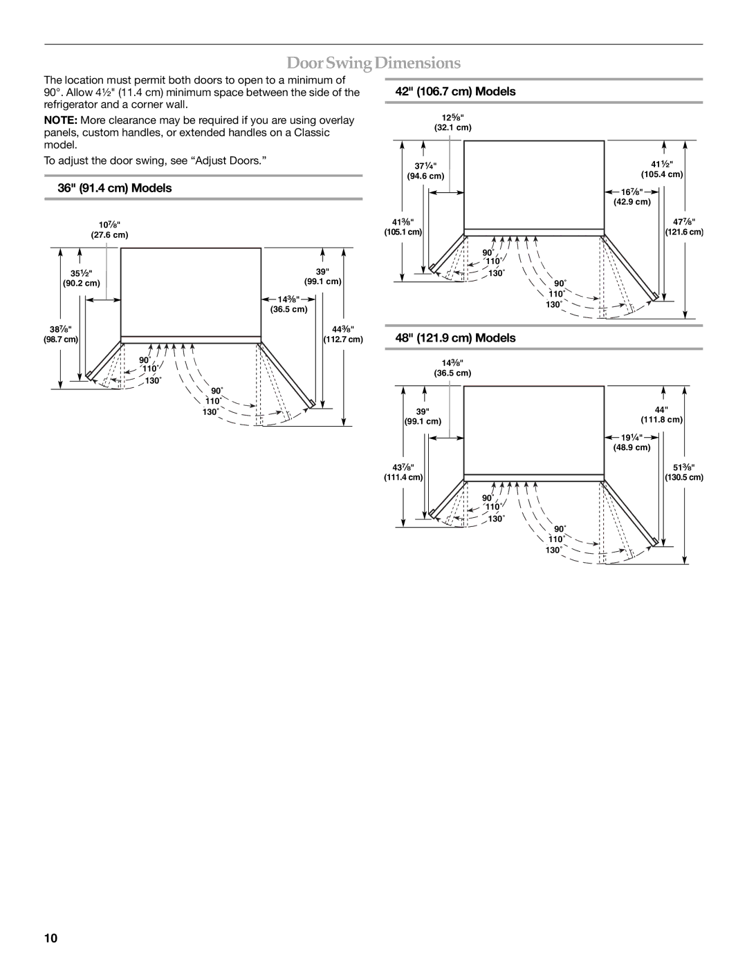 KitchenAid 2316565B manual Door SwingDimensions, 36 91.4 cm Models, 42 106.7 cm Models, 48 121.9 cm Models 