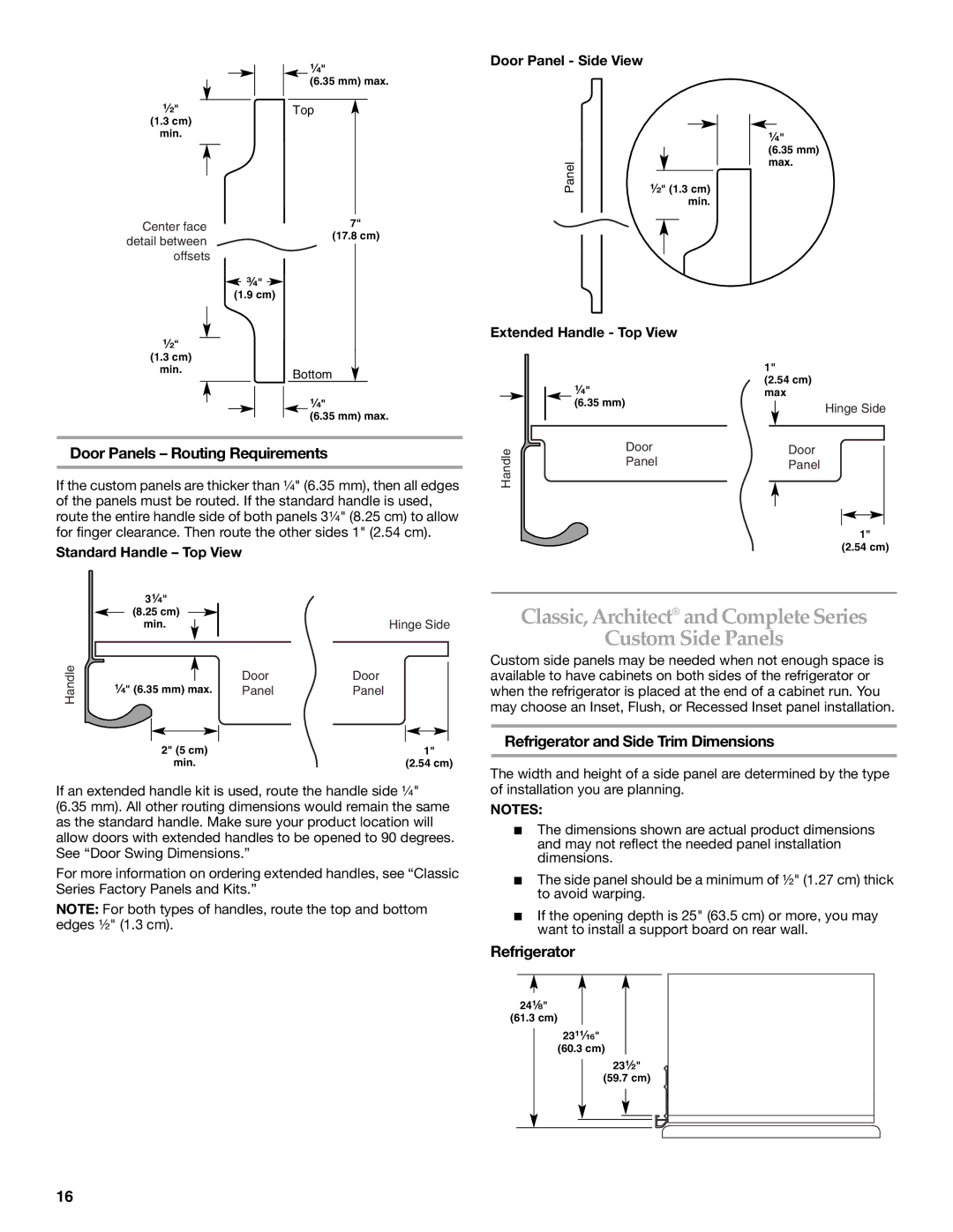 KitchenAid 2316565B manual Classic, Architect and Complete Series Custom Side Panels, Door Panels Routing Requirements 