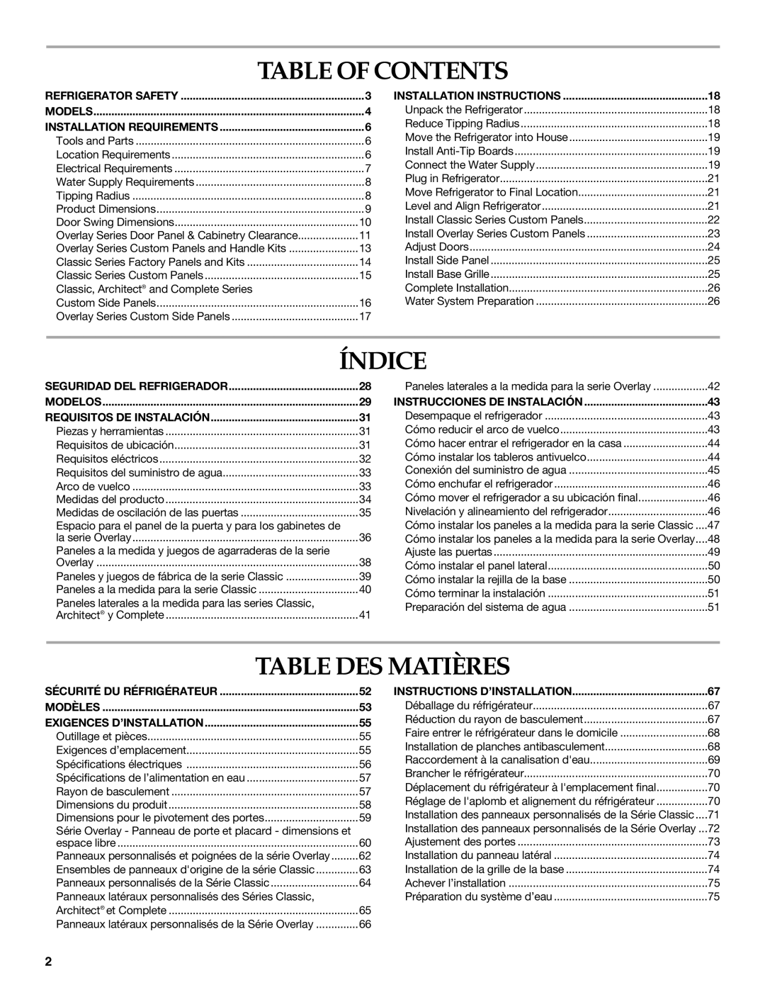 KitchenAid 2316565B manual Table of Contents, Índice, Table DES Matières 