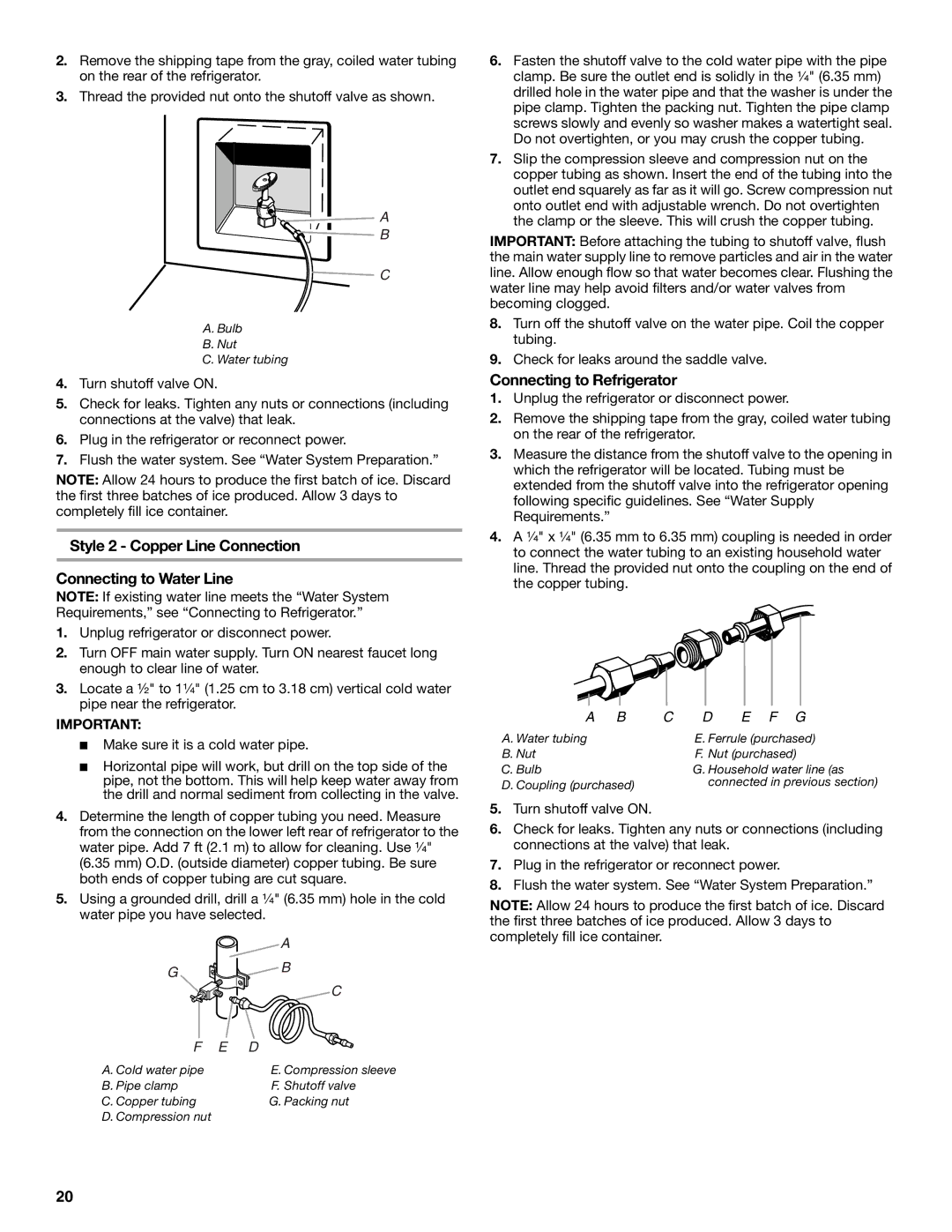 KitchenAid 2316565B manual Style 2 Copper Line Connection Connecting to Water Line, Connecting to Refrigerator 