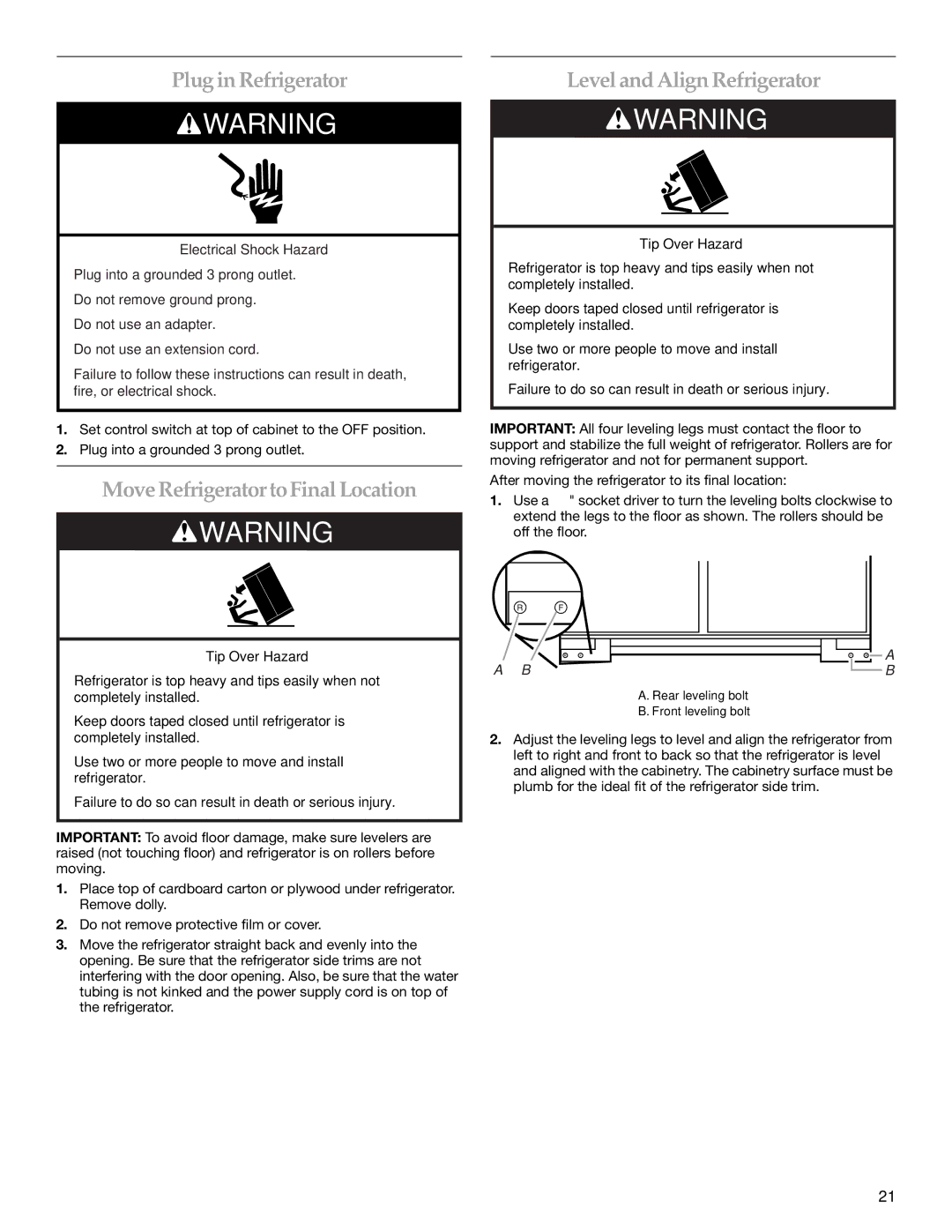 KitchenAid 2316565B manual Plug in Refrigerator, MoveRefrigerator toFinal Location, Level and Align Refrigerator 